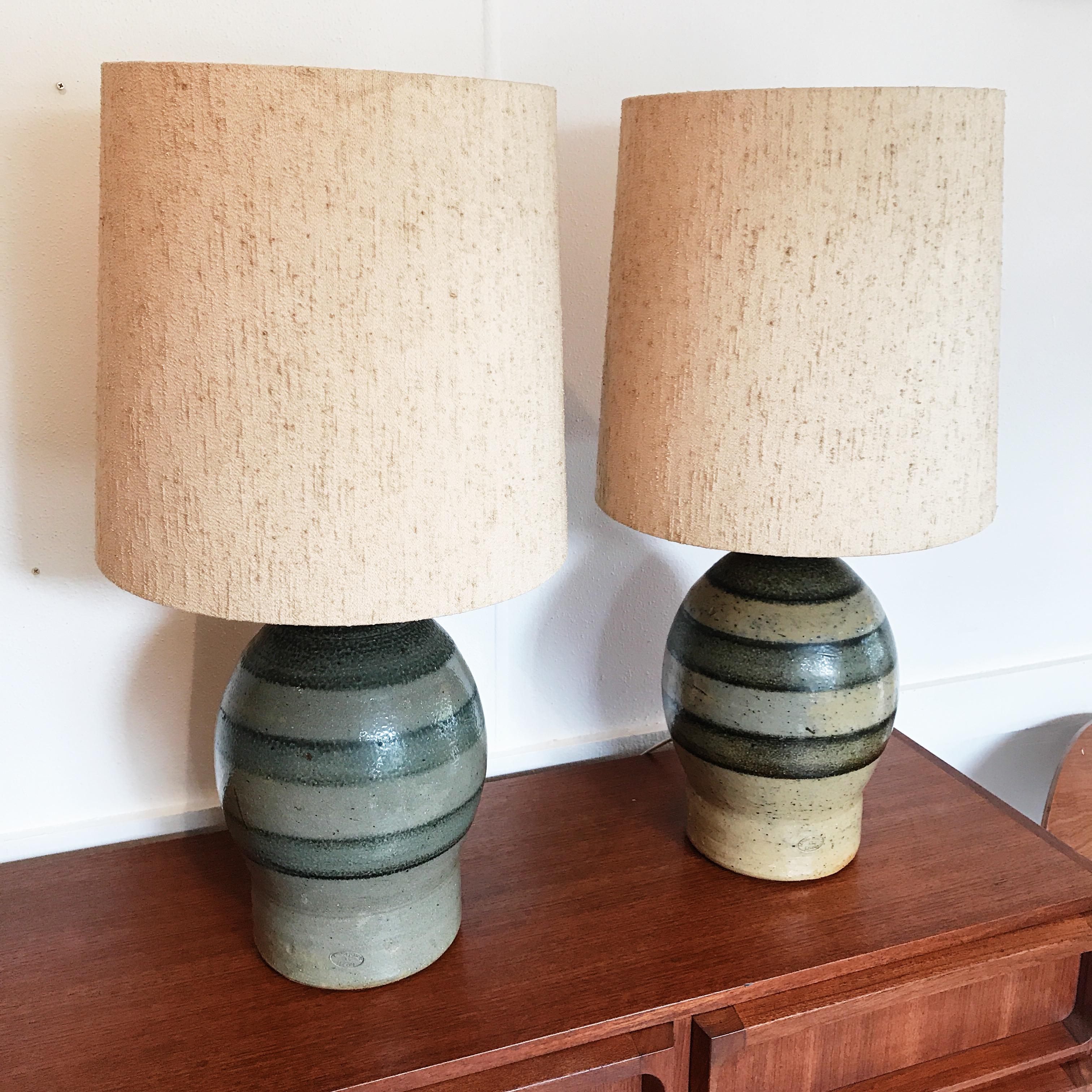Hand-Crafted Pair of Mid-20th Century Bendigo Pottery Table Lamps with Period Textured Shades