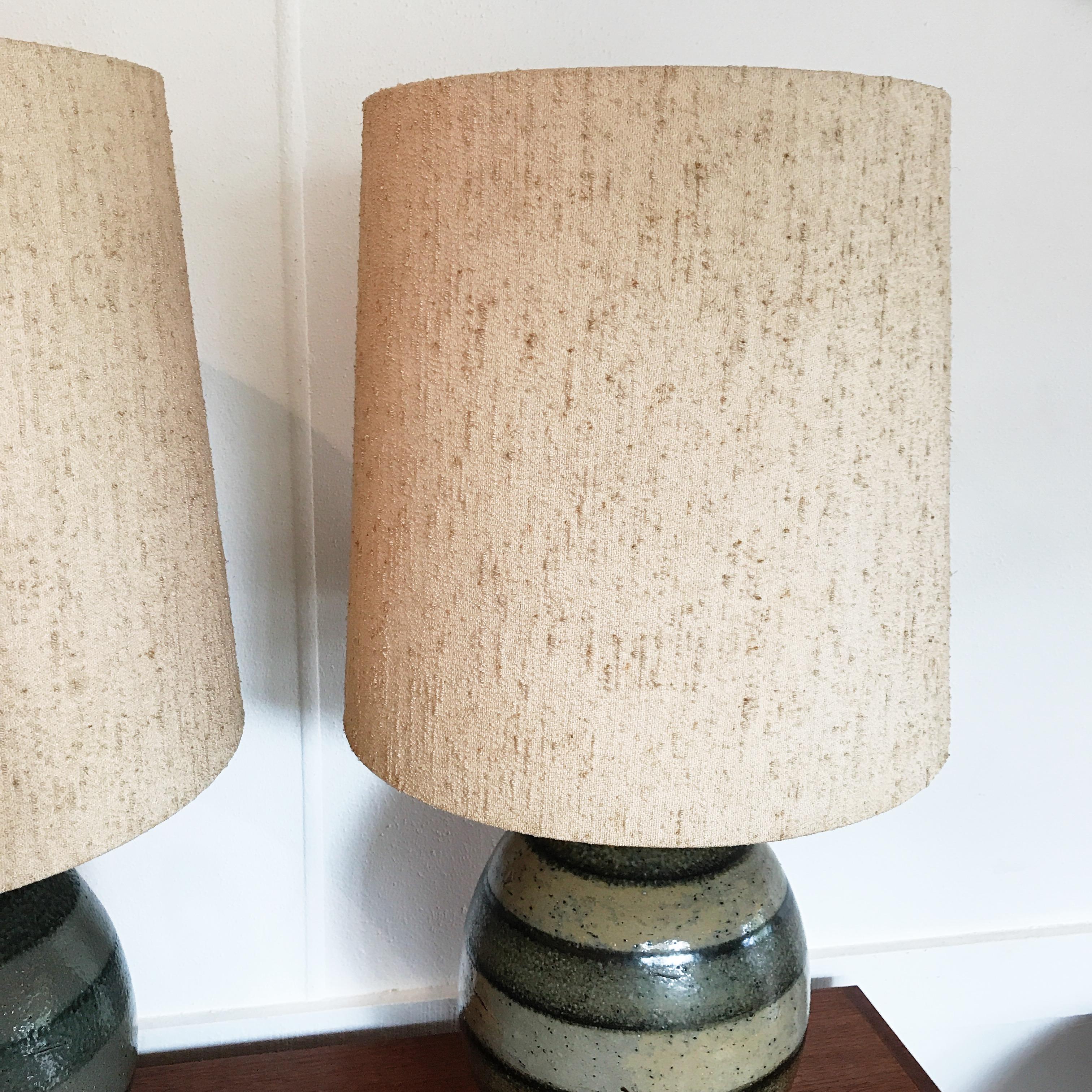 Pair of Mid-20th Century Bendigo Pottery Table Lamps with Period Textured Shades 1