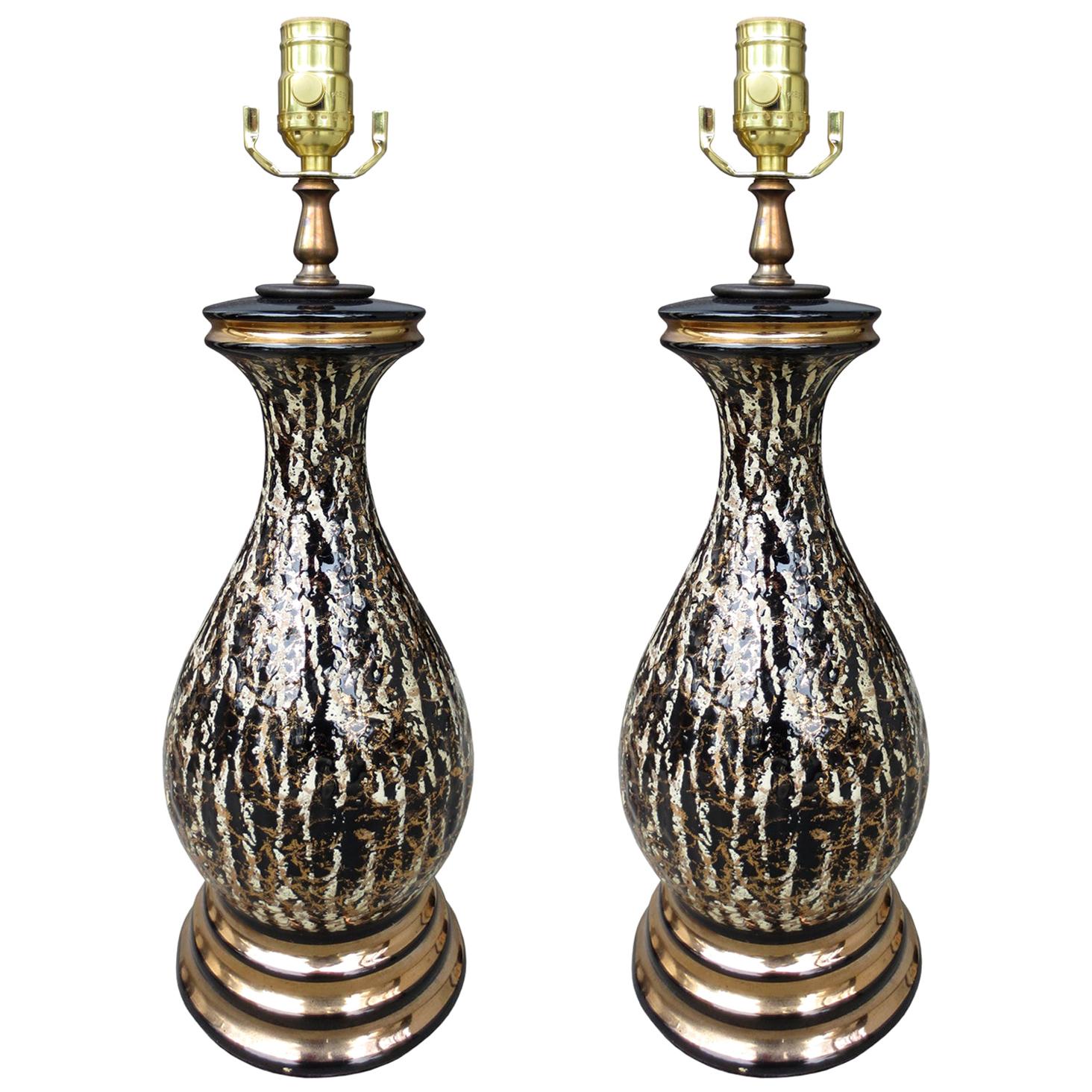 Pair of Mid-20th Century Black and Gold Glazed Pottery Lamps, circa 1950s-1960s For Sale