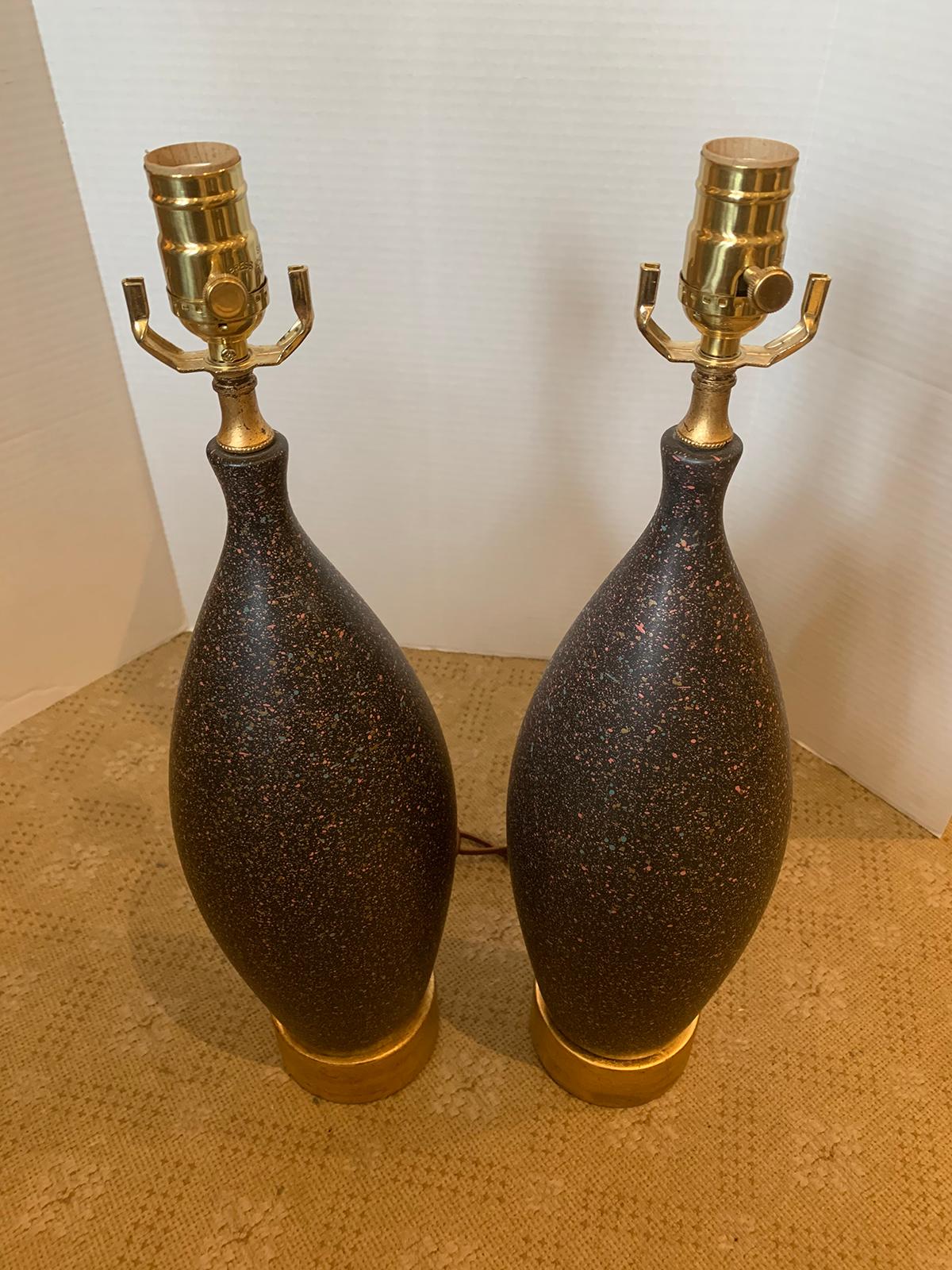 Pair of Mid-20th Century Black Pottery Lamps on Custom Gilt Bases 9