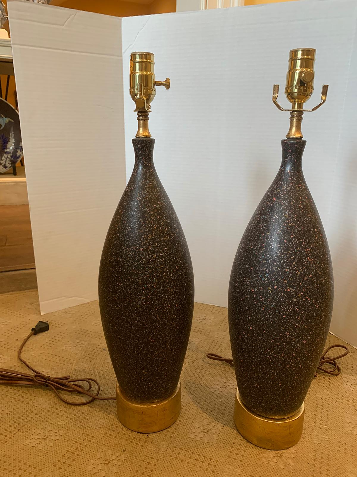 Pair of Mid-20th Century Black Pottery Lamps on Custom Gilt Bases 5