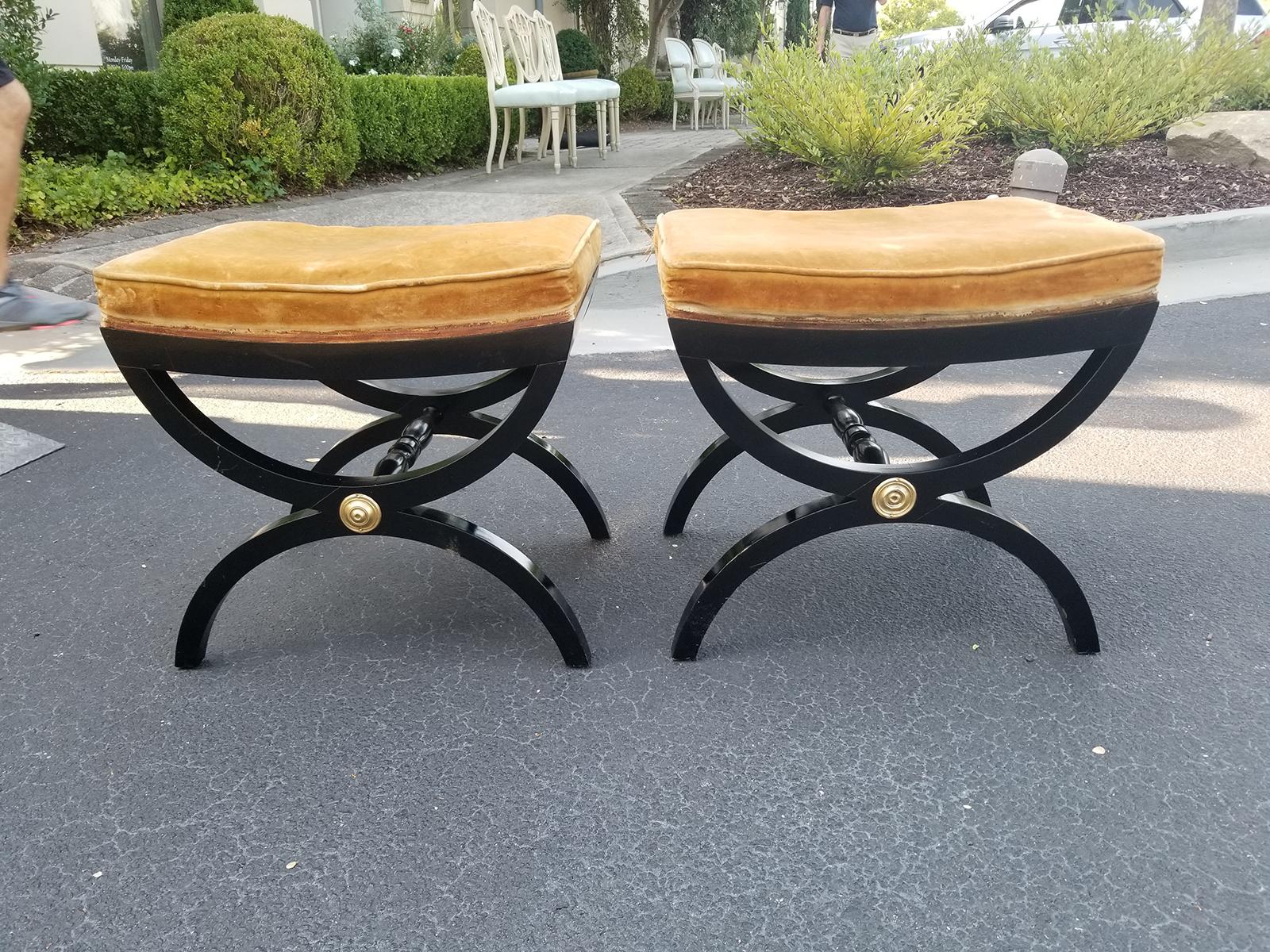 Painted Pair of Mid-20th Century Black Regency Style X Benches by Grand Ledge Chair Co.