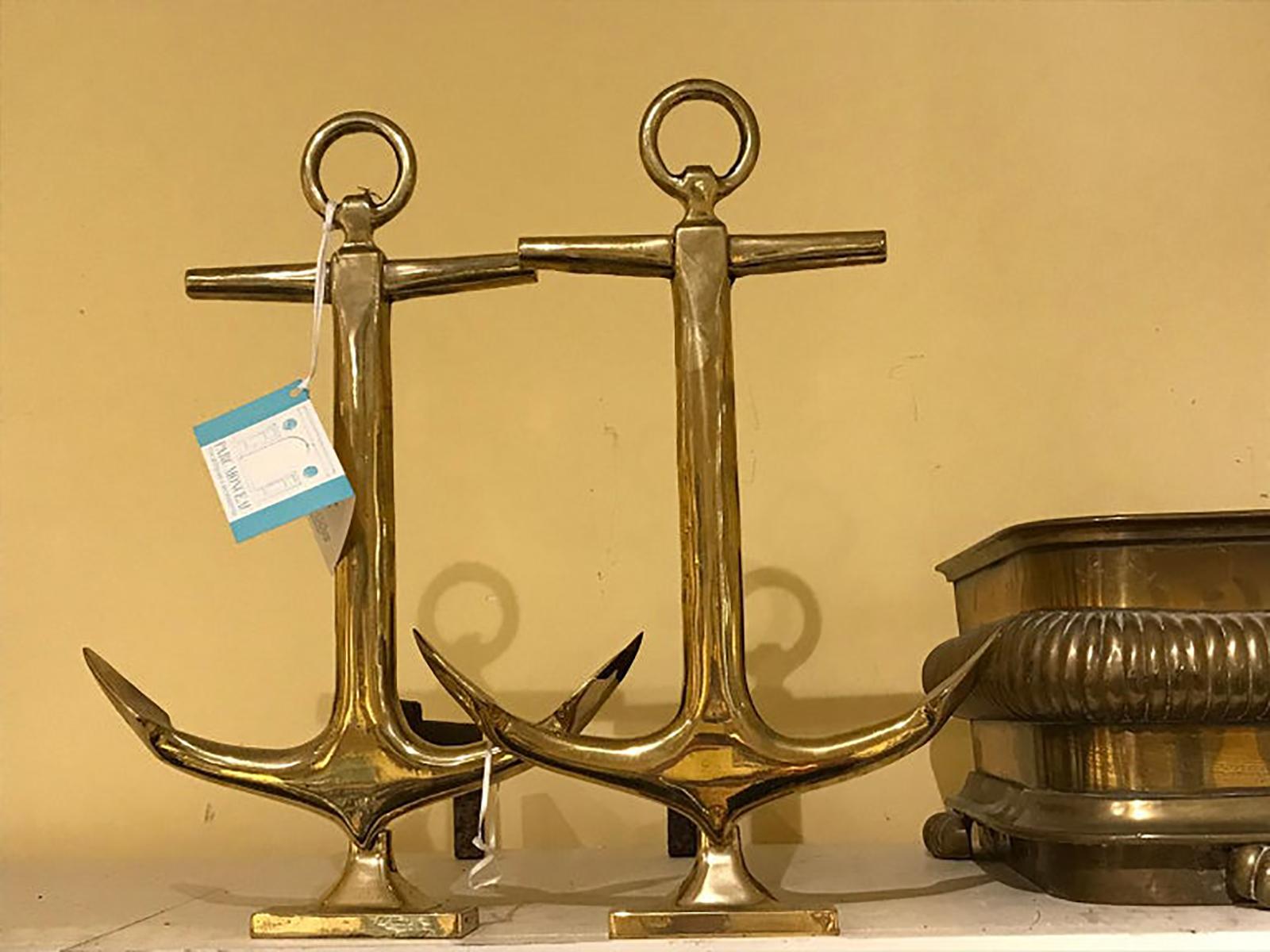 Pair of mid-20th century brass anchor andirons.