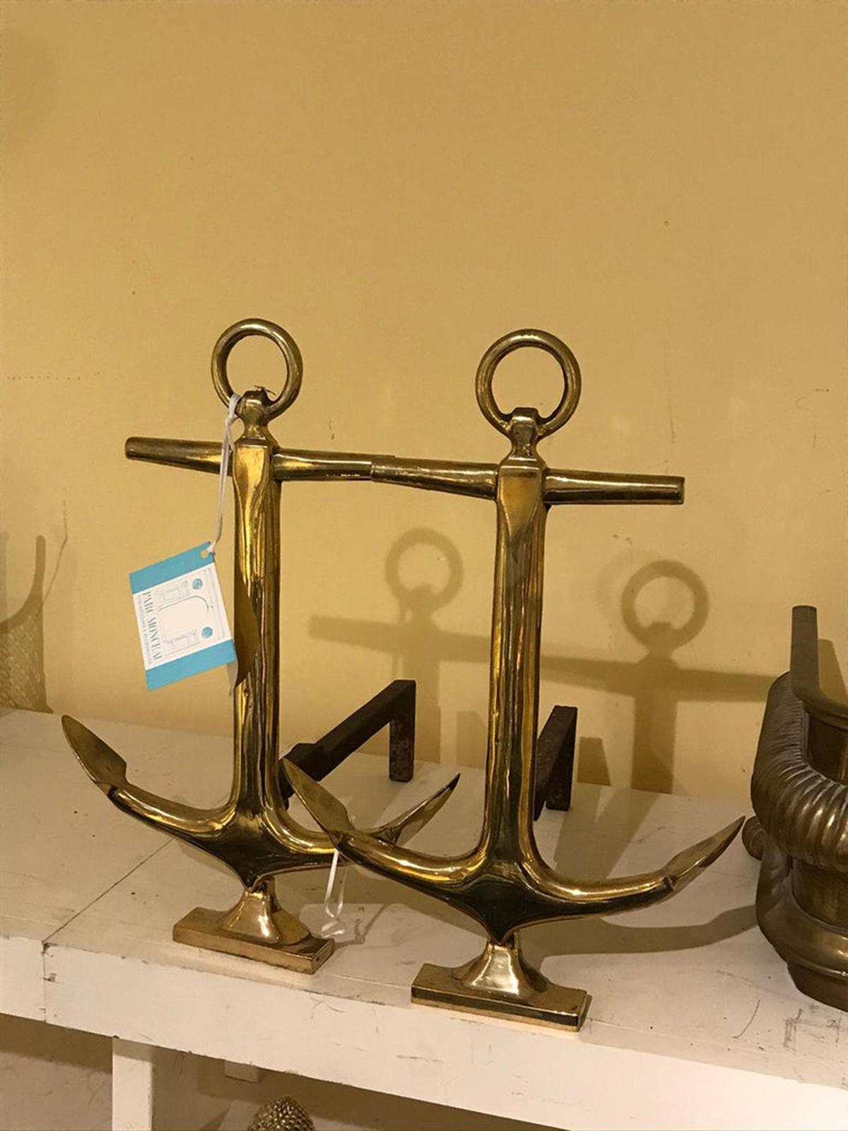 Pair of Mid-20th Century Brass Anchor Andirons 1