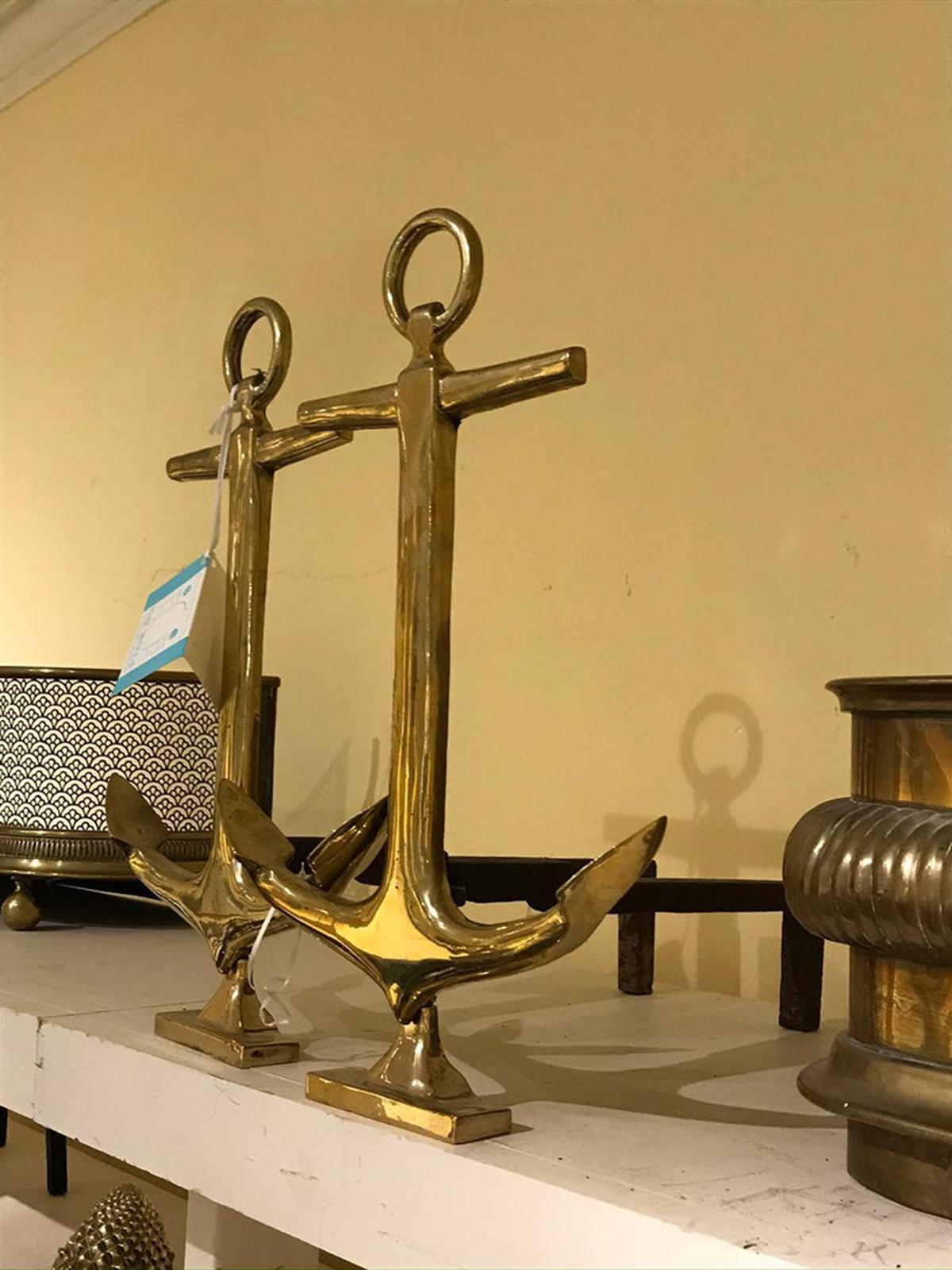 Pair of Mid-20th Century Brass Anchor Andirons 10