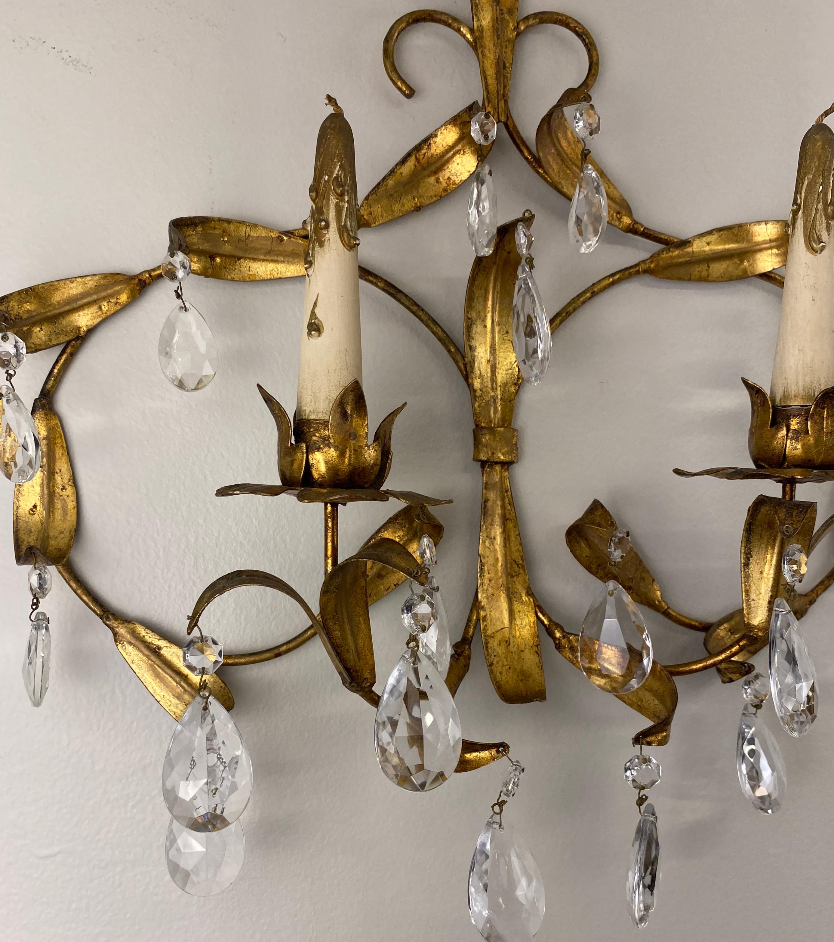 Pair of Maison Baguès Mid-20th Century Gilt Metal and Crystal Wall Sconces For Sale 2