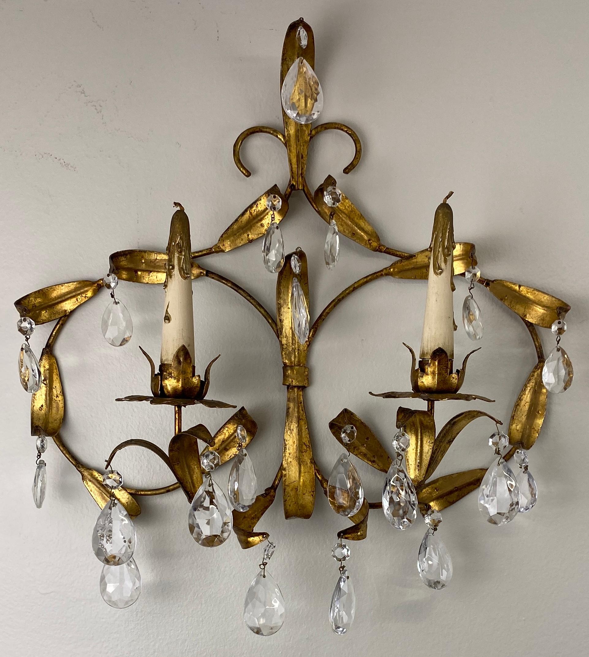 Pair of Maison Baguès Mid-20th Century Gilt Metal and Crystal Wall Sconces For Sale 4
