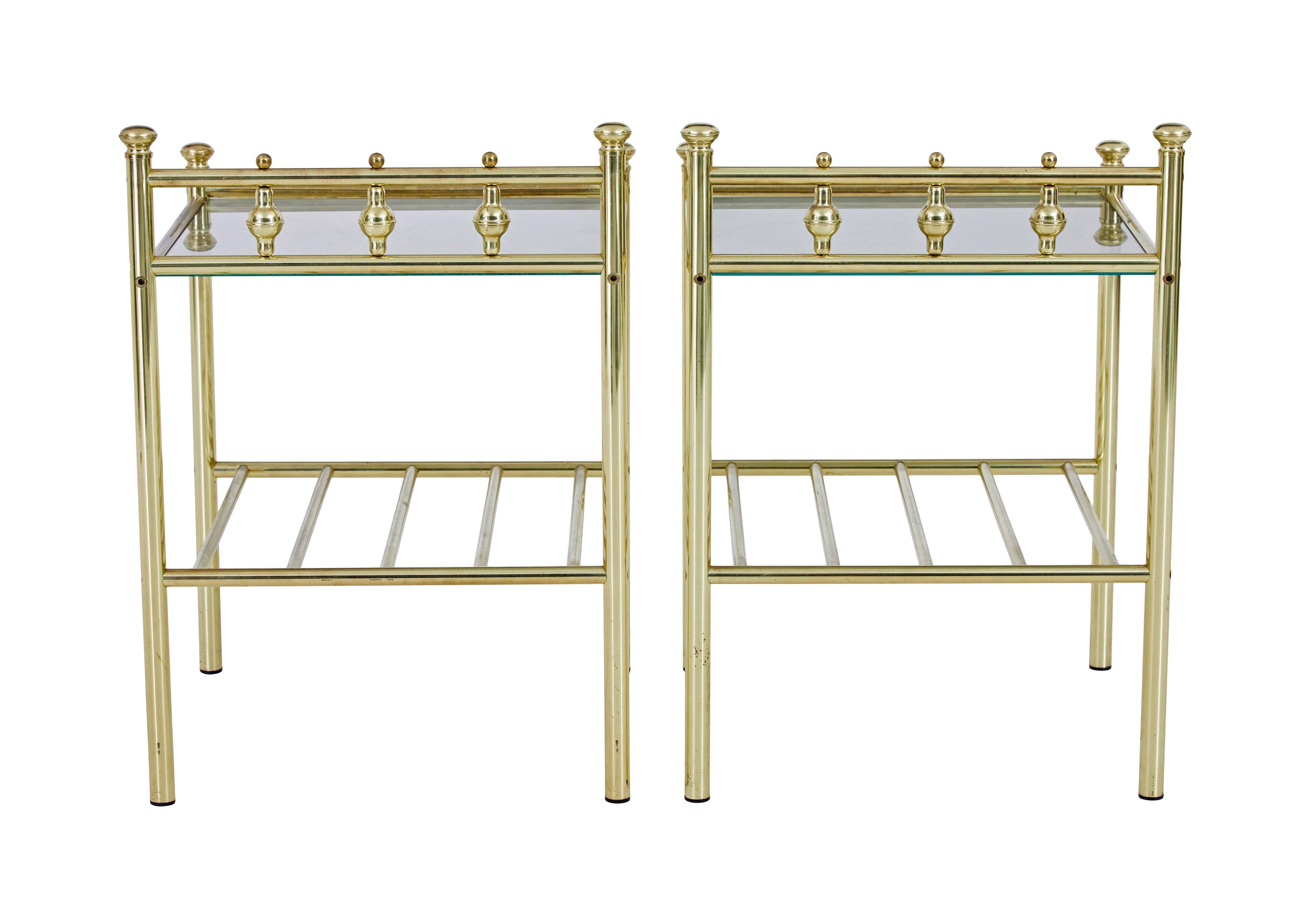 Glazed Pair of mid 20th century brass and glass side tables For Sale
