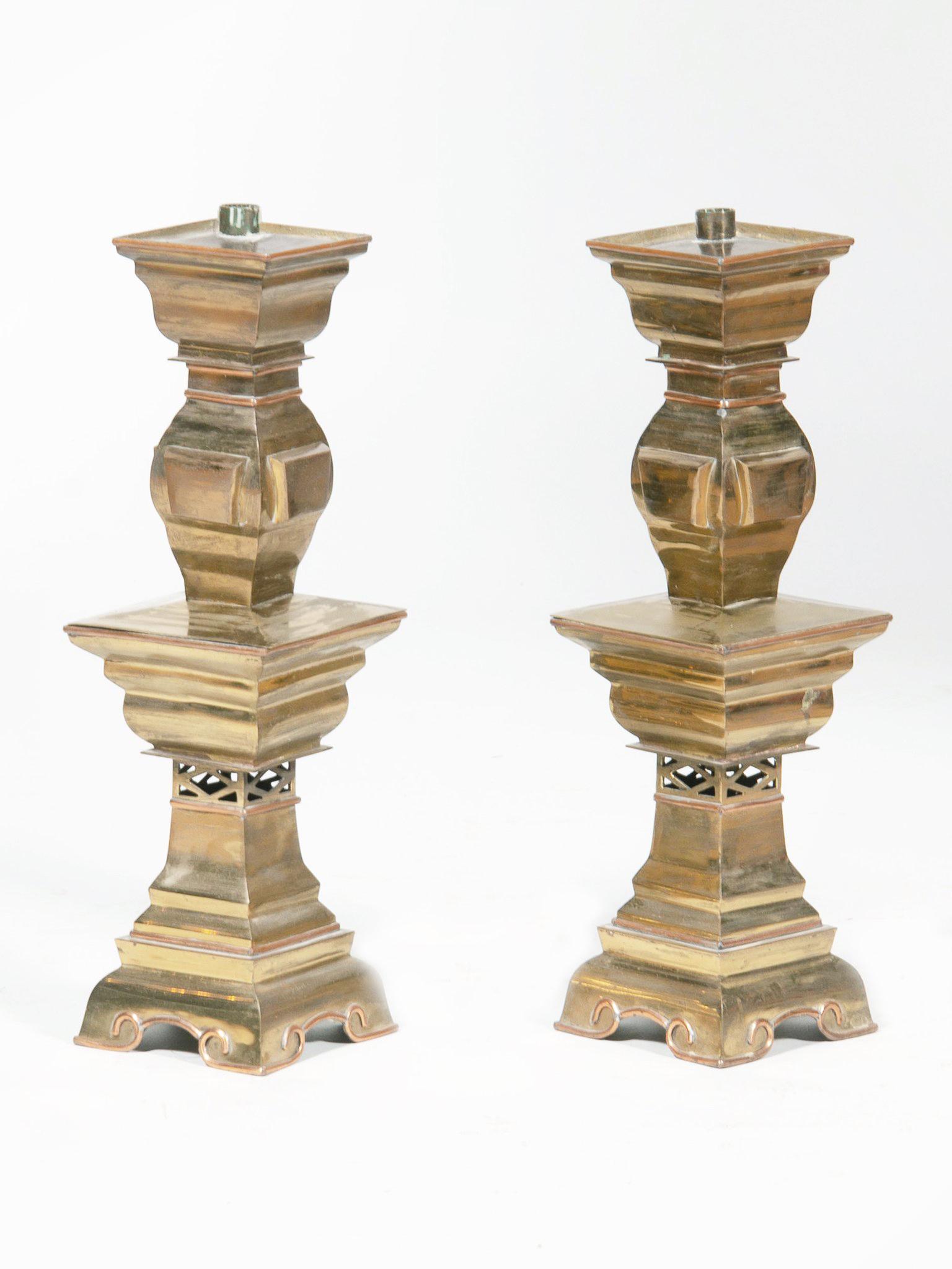 Hollywood Regency Pair of Mid-20th Century Brass Candlestick Lamps For Sale