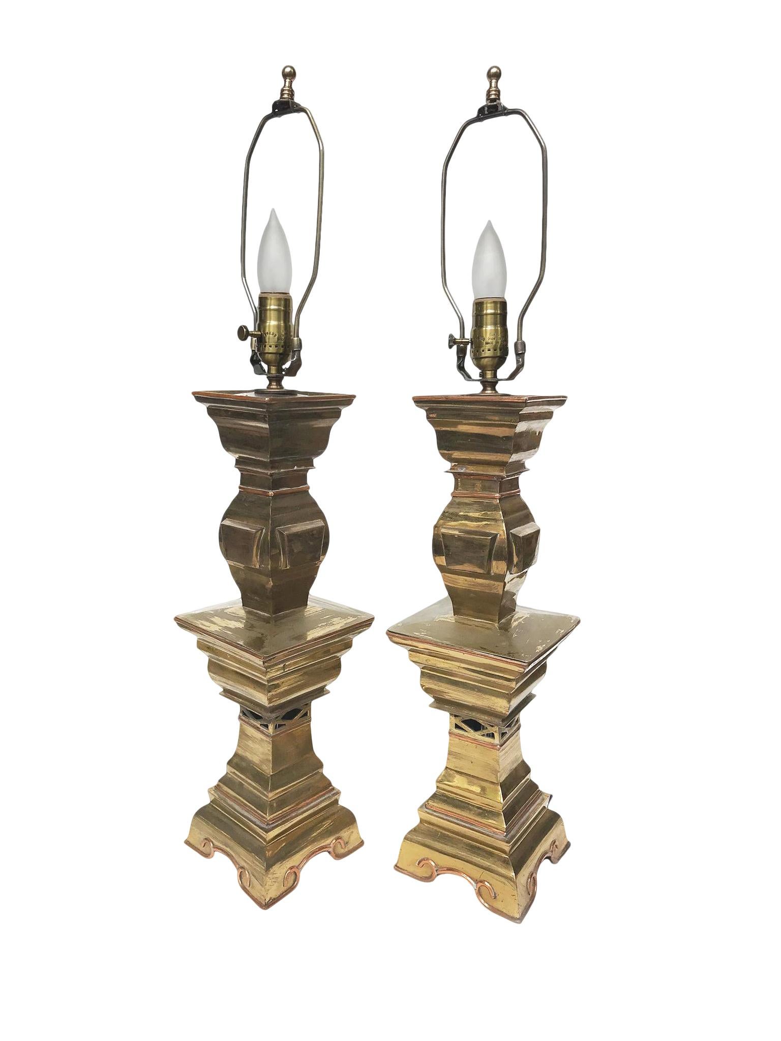 Pair of Mid-20th Century Brass Candlestick Lamps In Good Condition For Sale In New York, NY