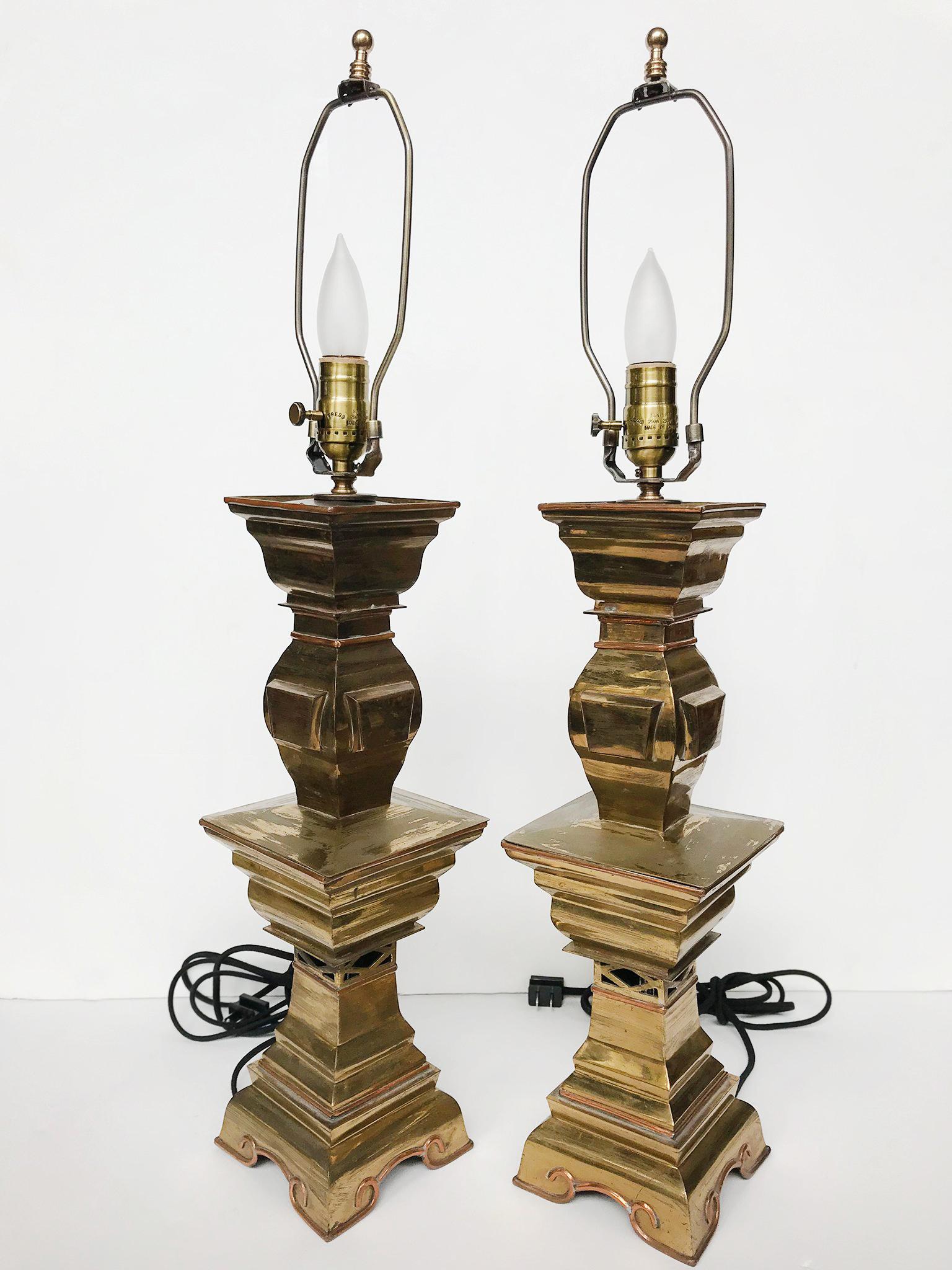 Pair of Mid-20th Century Brass Candlestick Lamps For Sale 1