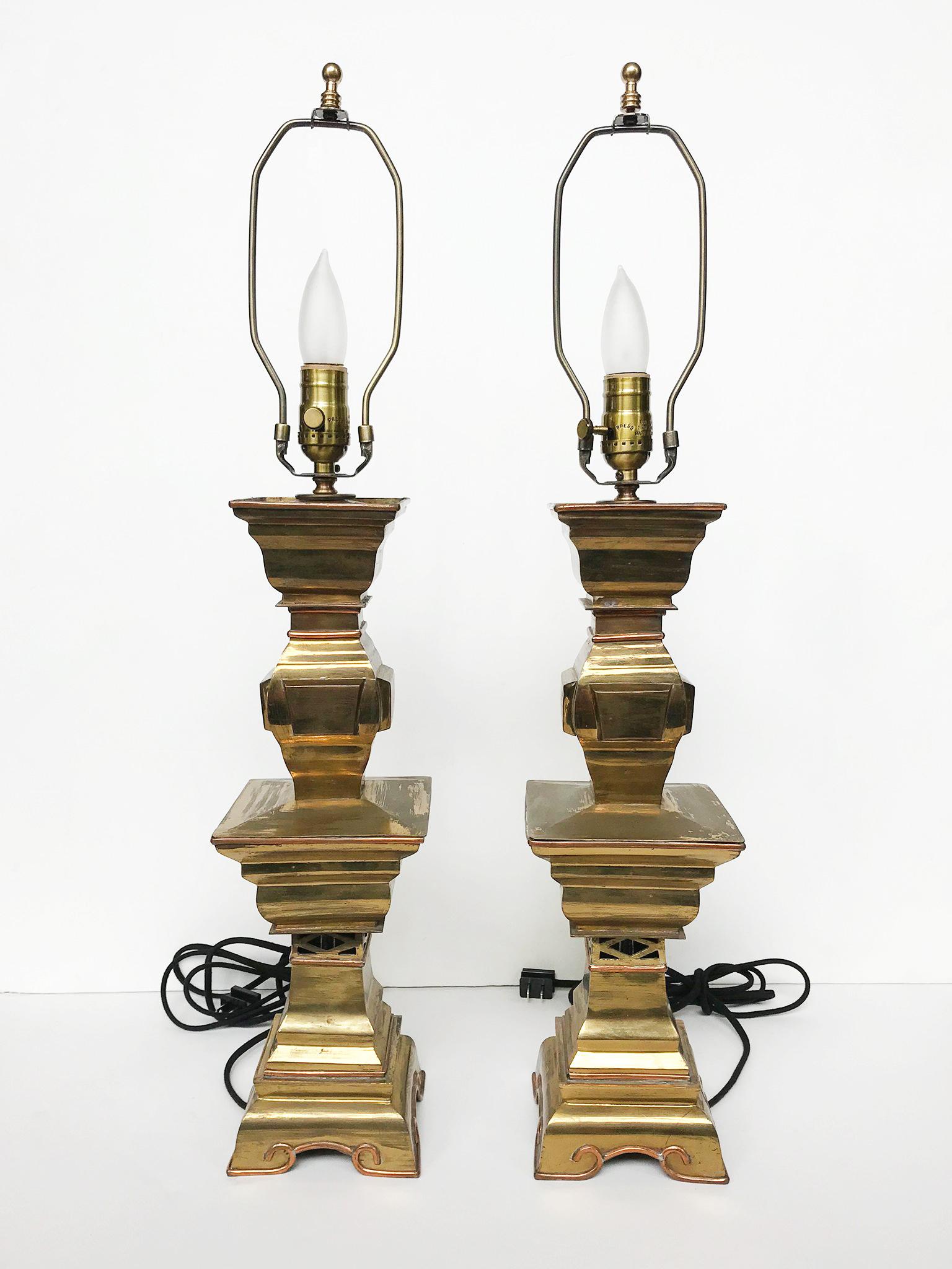 Pair of Mid-20th Century Brass Candlestick Lamps For Sale 2