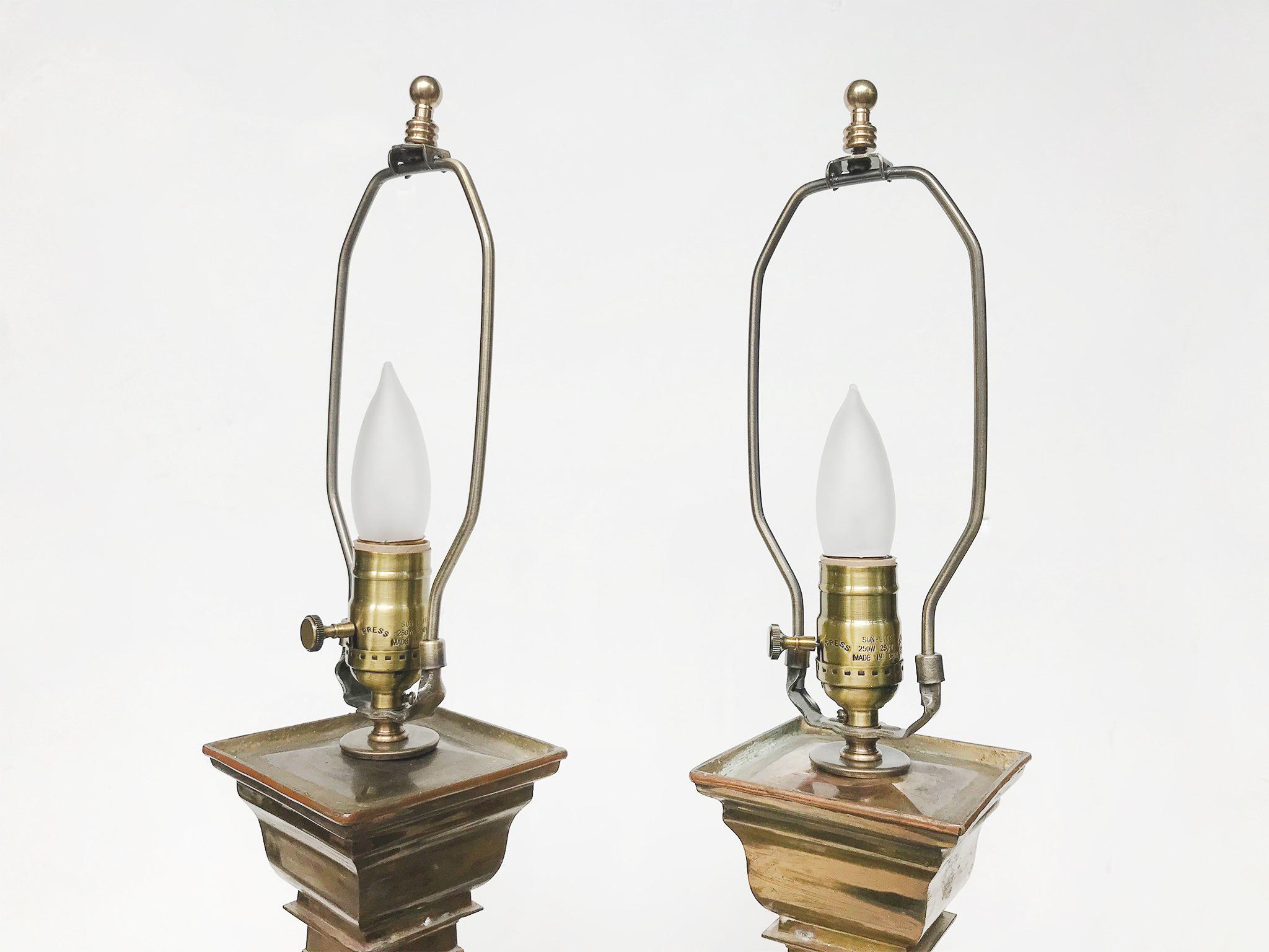 Pair of Mid-20th Century Brass Candlestick Lamps For Sale 3