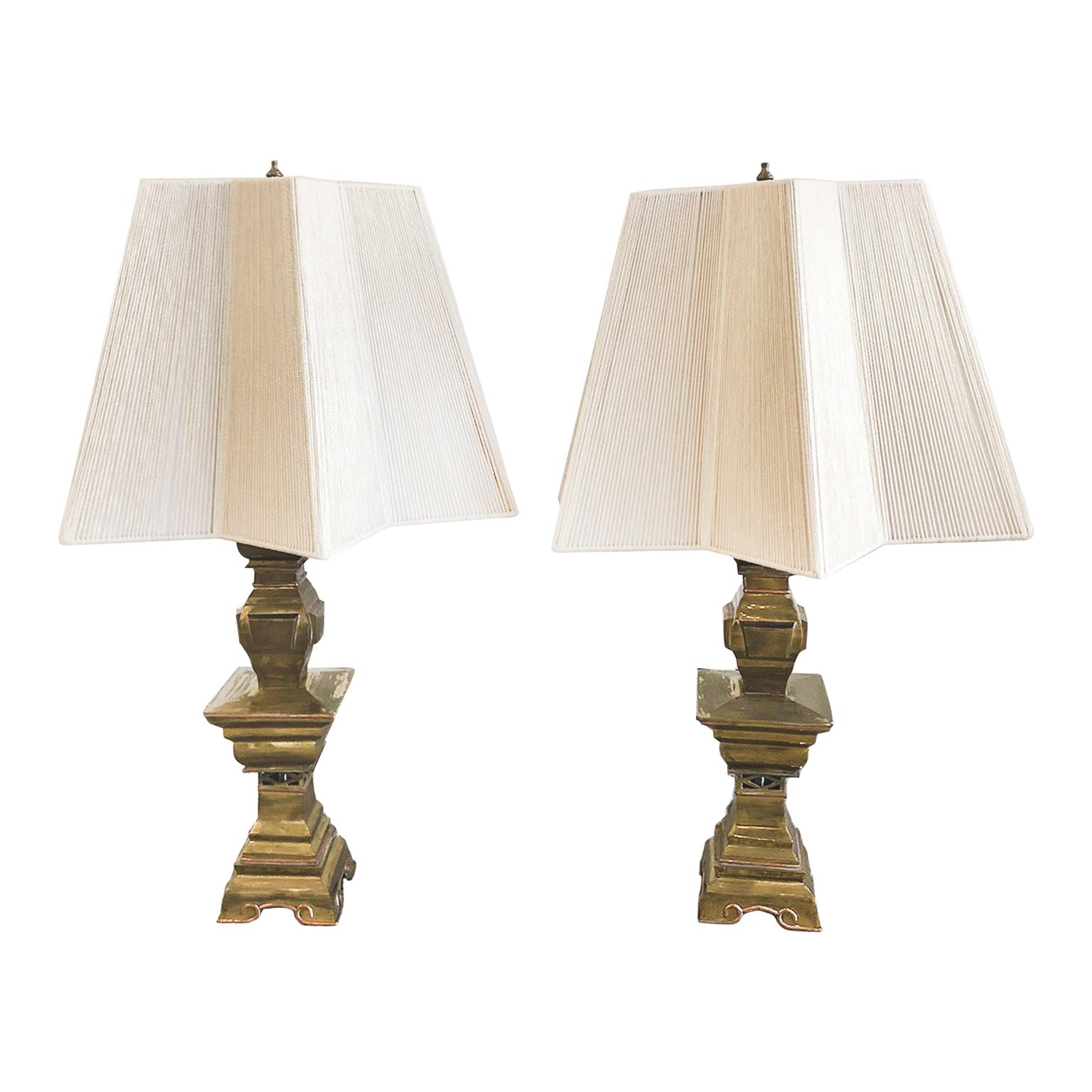 Pair of Mid-20th Century Brass Candlestick Lamps For Sale