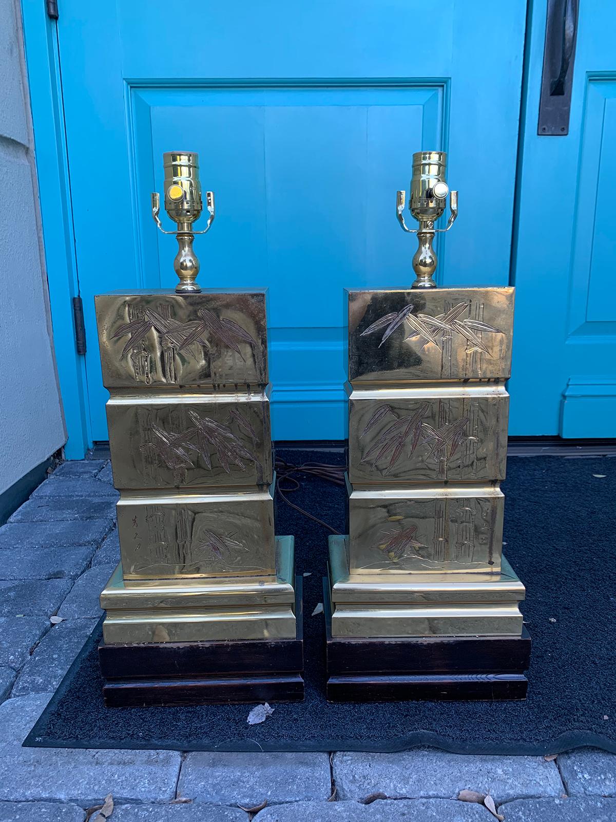 Pair of mid-20th century brass lamps with etched bamboo motif
Brand new wiring.