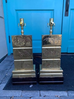 Pair of Mid-20th Century Brass Lamps with Etched Bamboo Motif