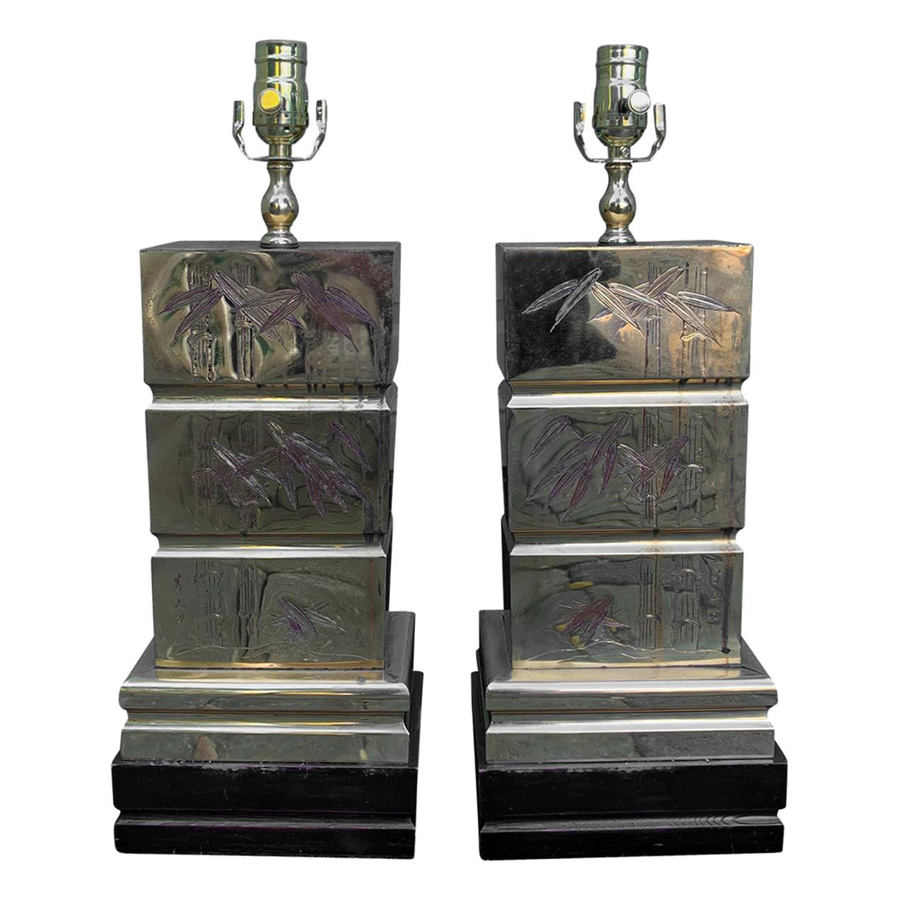 Pair of Mid-20th Century Brass Lamps with Etched Bamboo Motif For Sale