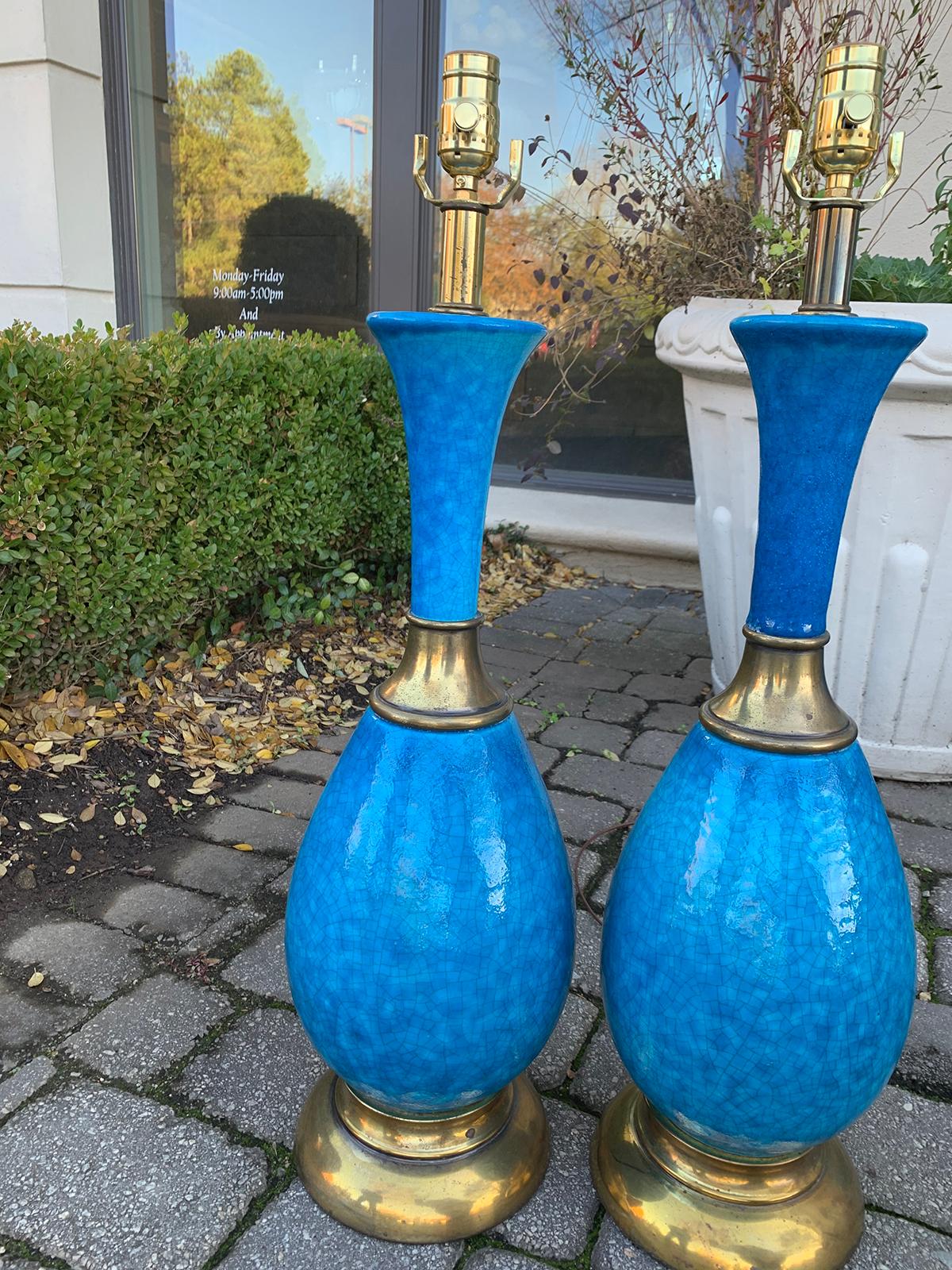 Pair of Mid-20th Century Brass Mounted Blue Pottery Lamps 7