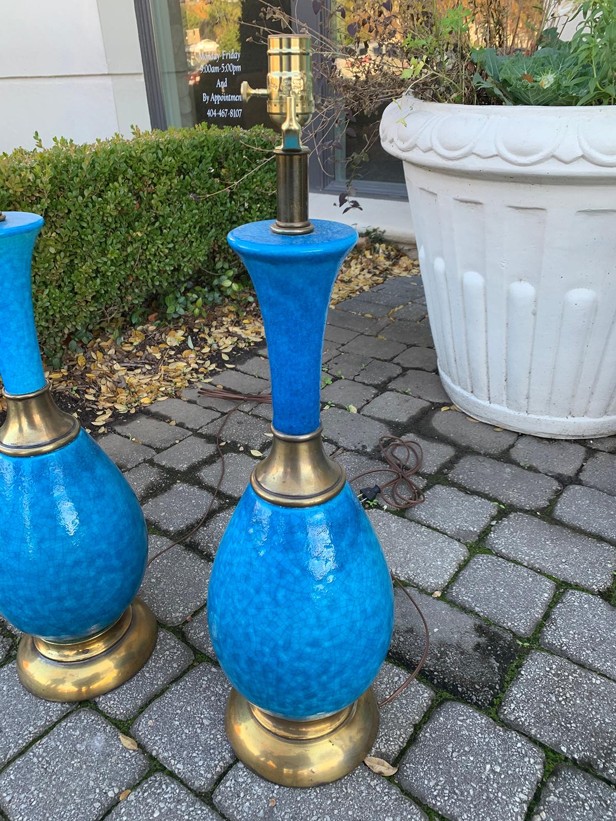 Pair of Mid-20th Century Brass Mounted Blue Pottery Lamps 8