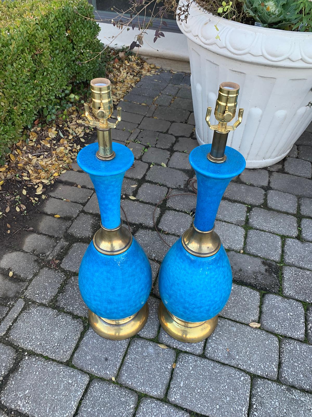 Pair of Mid-20th Century Brass Mounted Blue Pottery Lamps 9
