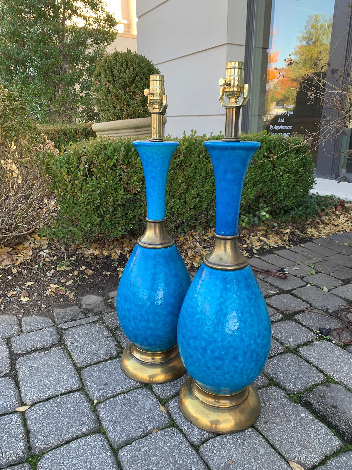 Pair of Mid-20th Century Brass Mounted Blue Pottery Lamps In Good Condition In Atlanta, GA