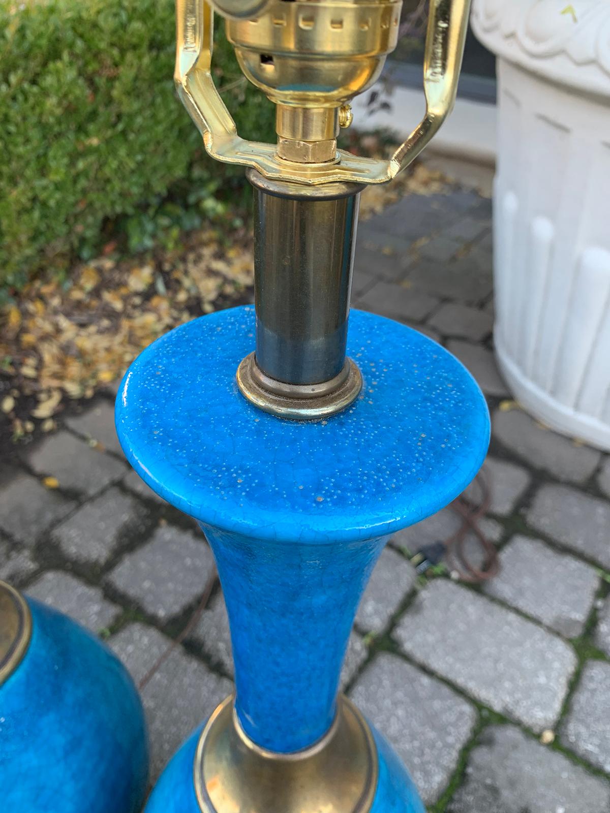 Pair of Mid-20th Century Brass Mounted Blue Pottery Lamps 1