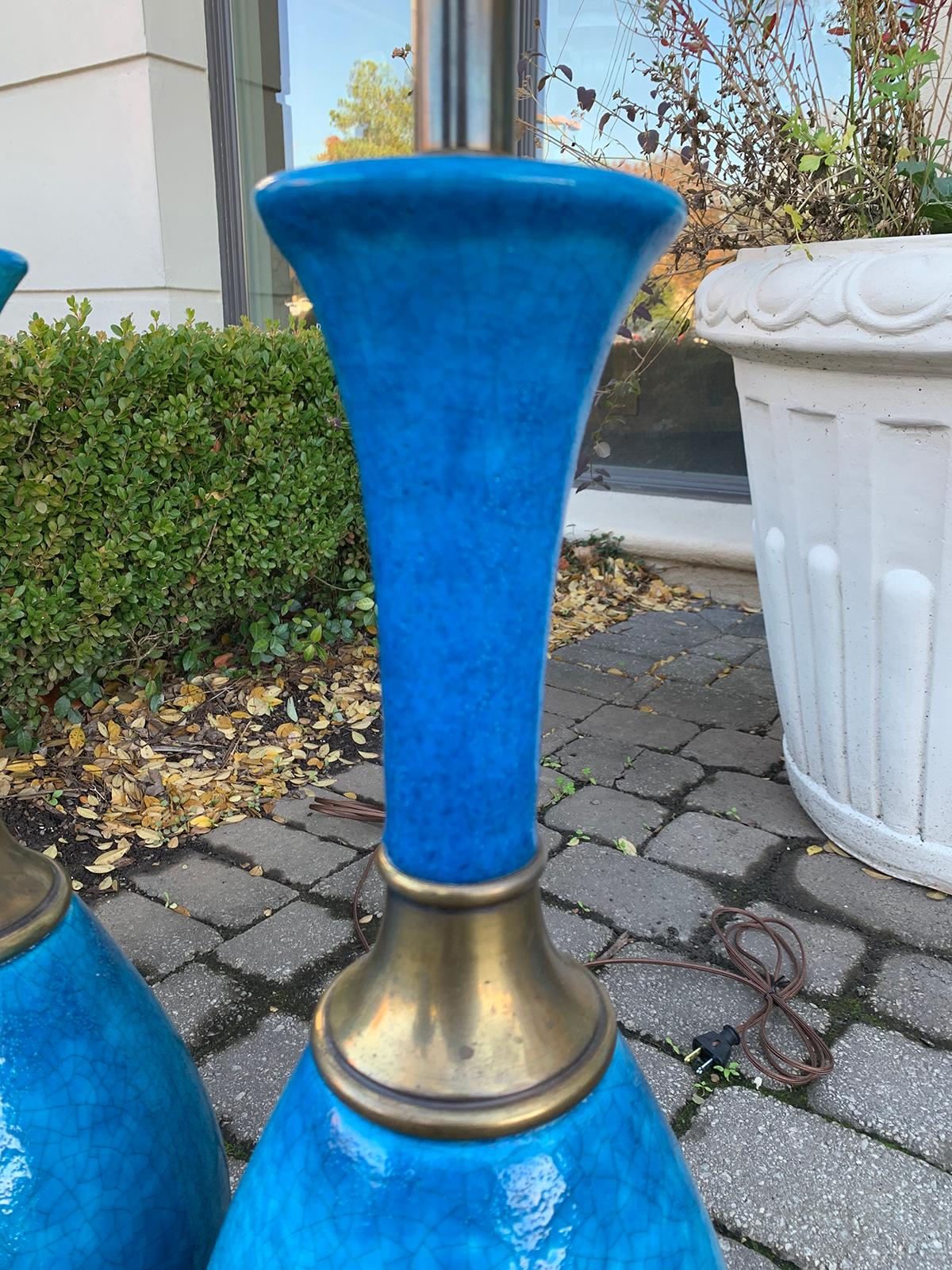 Pair of Mid-20th Century Brass Mounted Blue Pottery Lamps 2