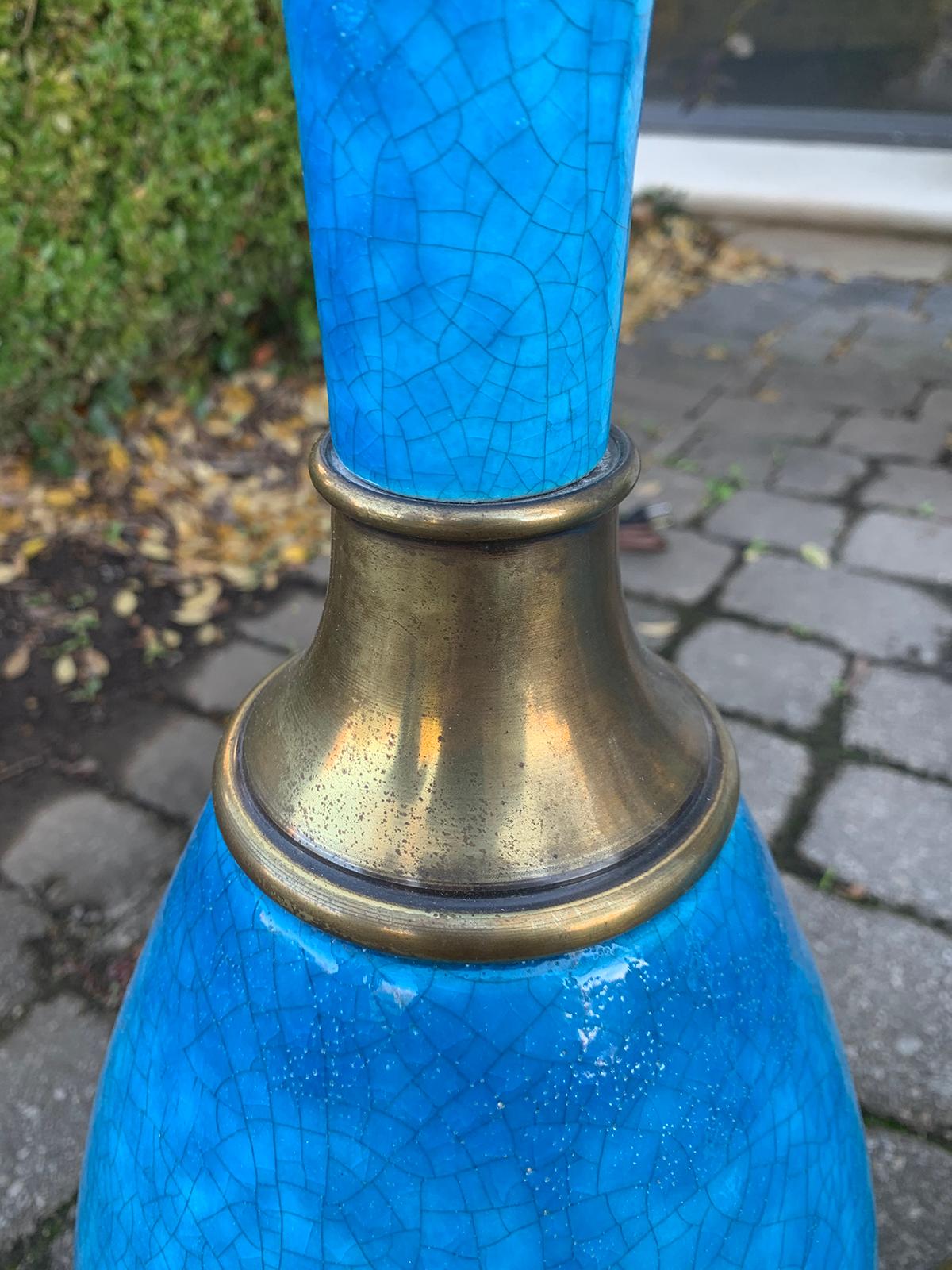 Pair of Mid-20th Century Brass Mounted Blue Pottery Lamps 3
