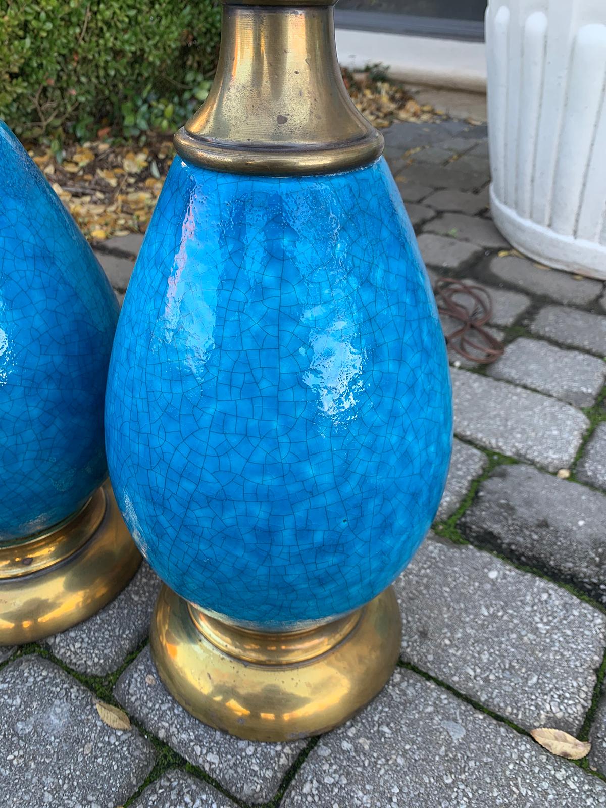 Pair of Mid-20th Century Brass Mounted Blue Pottery Lamps 4