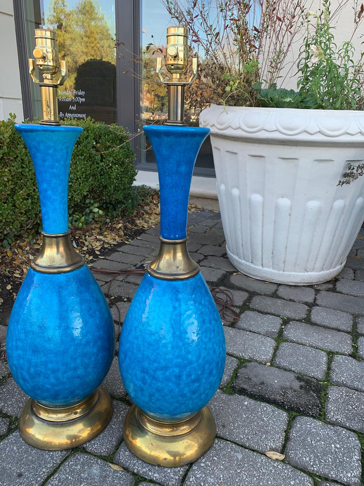 Pair of Mid-20th Century Brass Mounted Blue Pottery Lamps 6