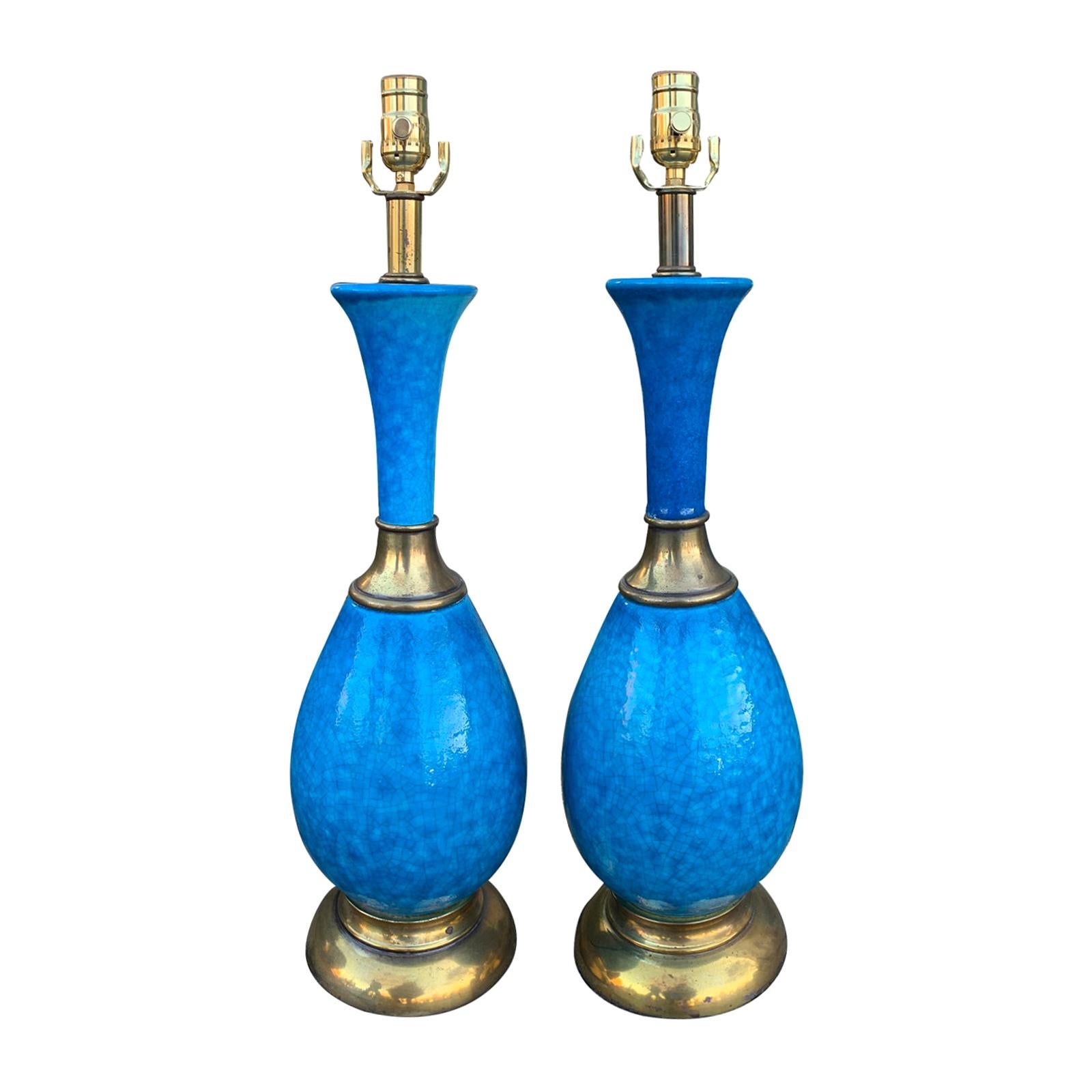 Pair of Mid-20th Century Brass Mounted Blue Pottery Lamps