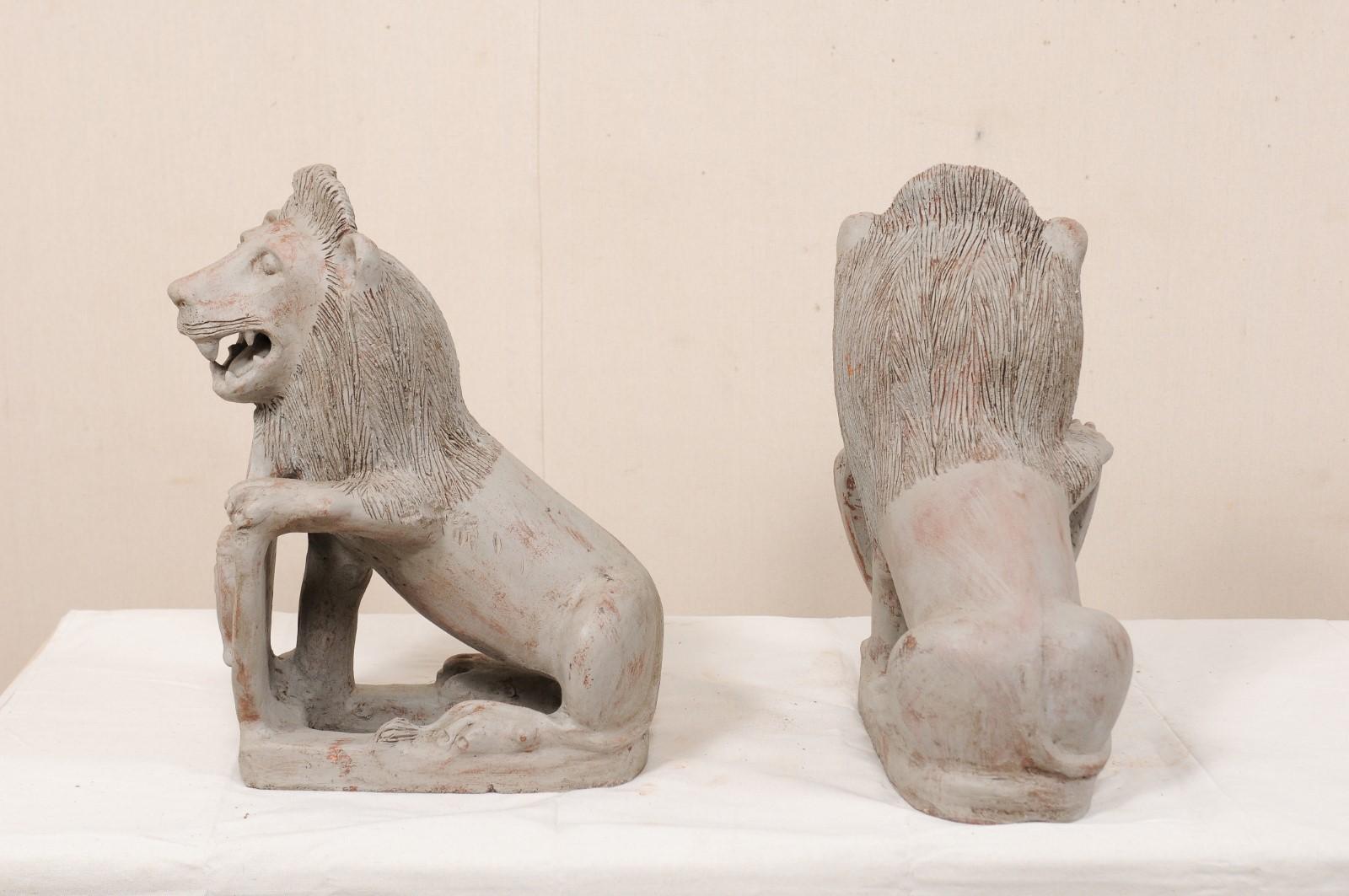 Pair of Mid-20th Century British Colonial Shielded Terracotta Lions For Sale 6