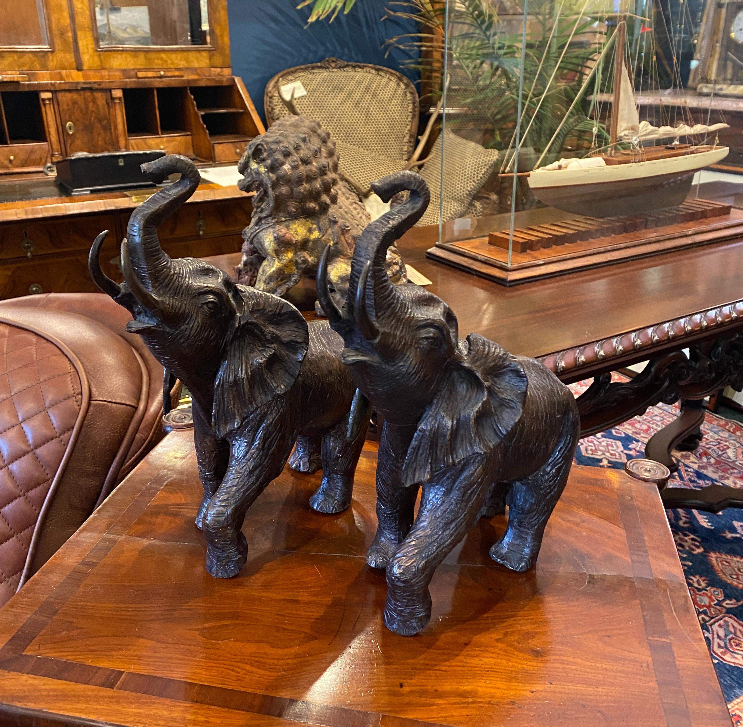 Pair of Mid-20th Century Bronze Sculptures of Elephants with Raised Trunks For Sale 3