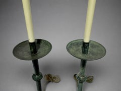 Pair of Mid-20th Century Bronzed Verdigris Candlestick Table Lamps
