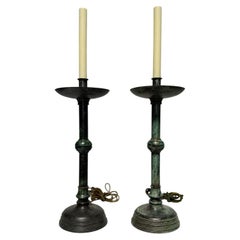 Pair of Mid-20th Century Bronzed Verdigris Candlestick Table Lamps