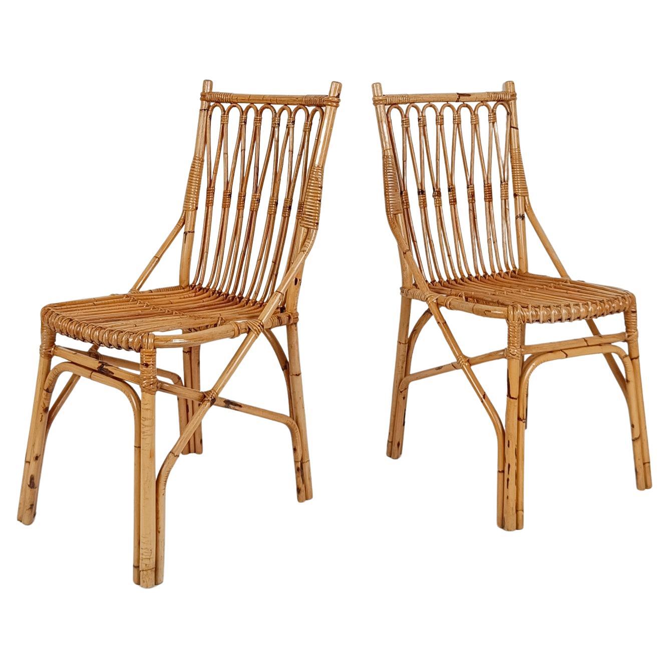 Paar Rohr- und Rattanstühle aus der Mitte des 20. Jahrhunderts im italienischen Riviera-Stil, 60er Jahre