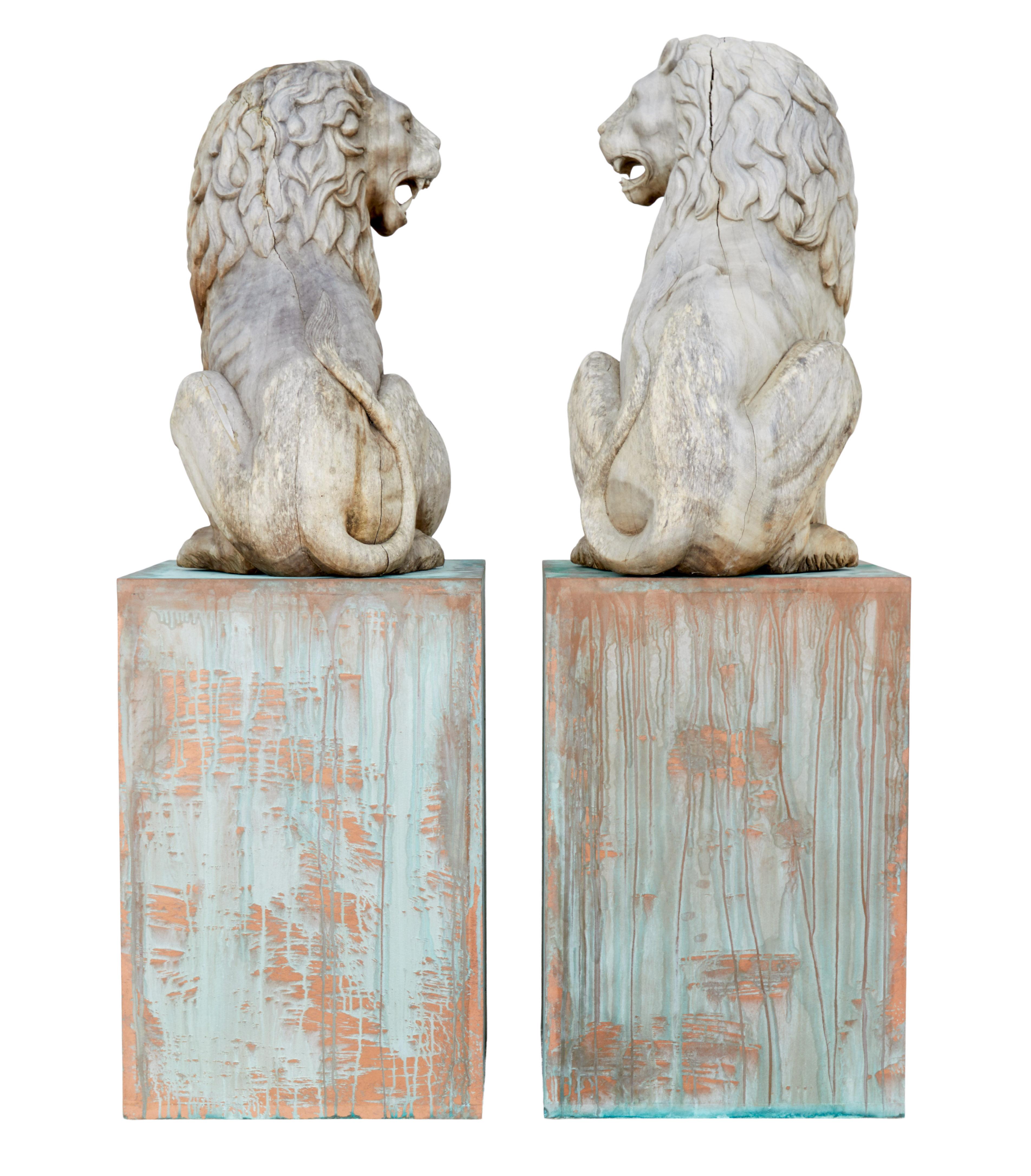 Swedish Pair of Mid-20th Century Carved Solid Wood Lions