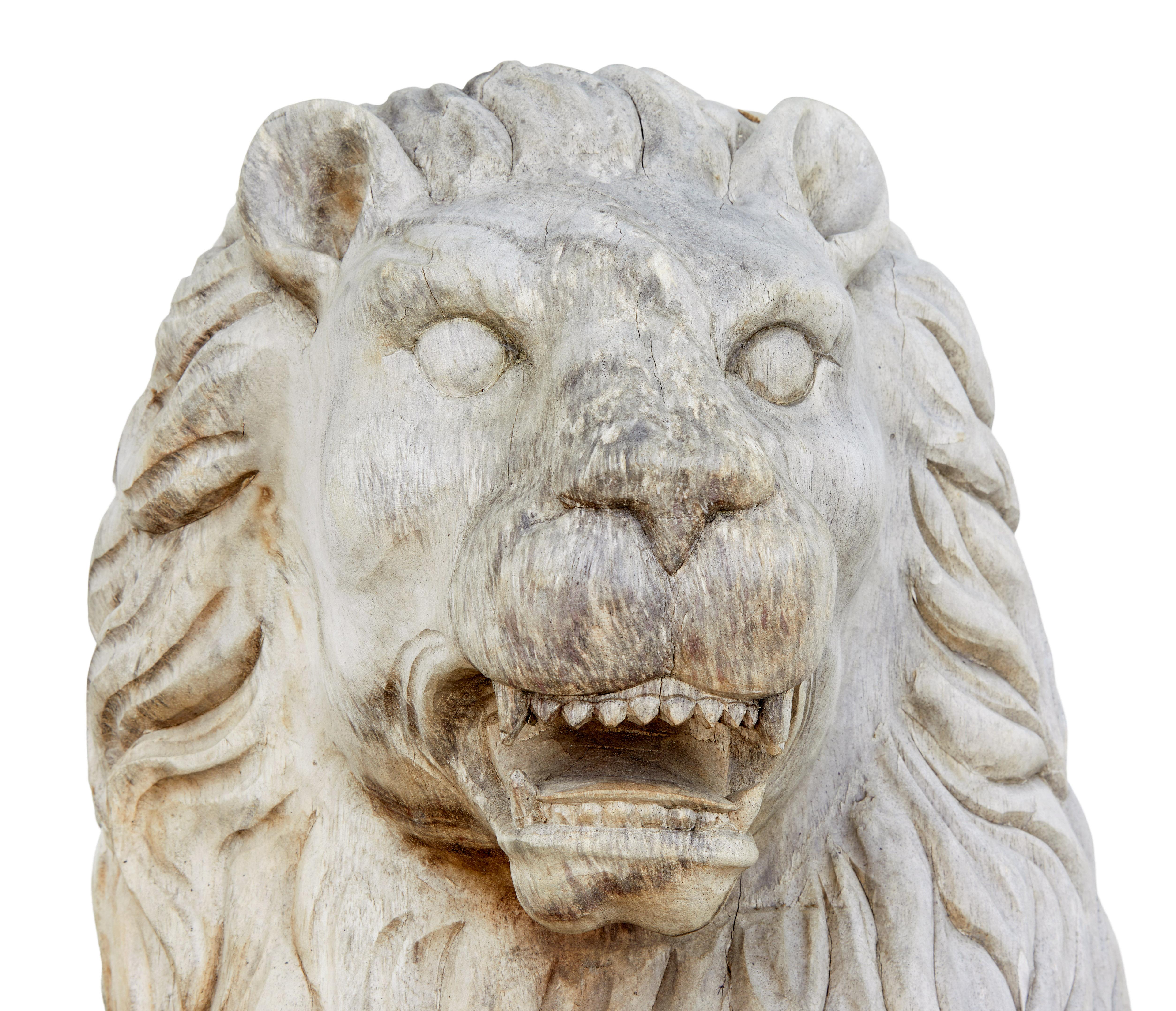Pair of Mid-20th Century Carved Solid Wood Lions 1