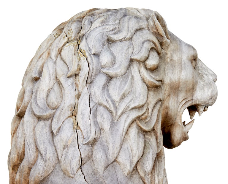 Pair of Mid-20th Century Carved Solid Wood Statue Lions For Sale at 1stDibs