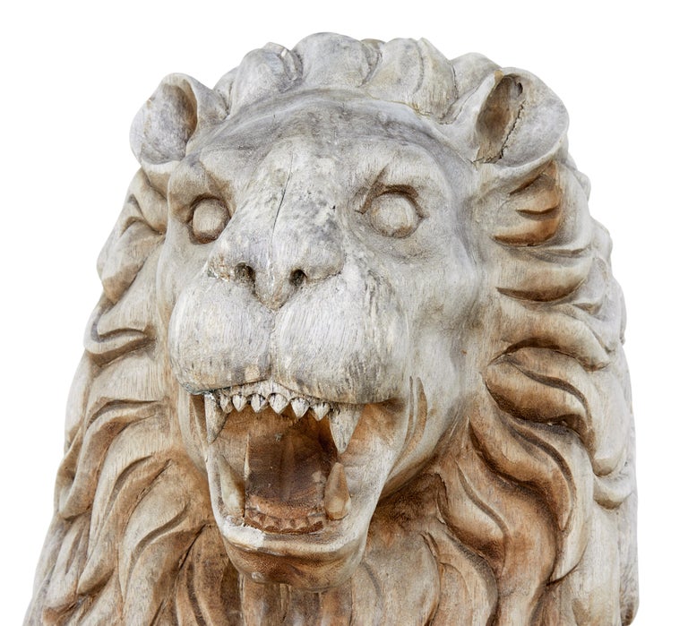 Pair of Mid-20th Century Carved Solid Wood Statue Lions For Sale at 1stDibs