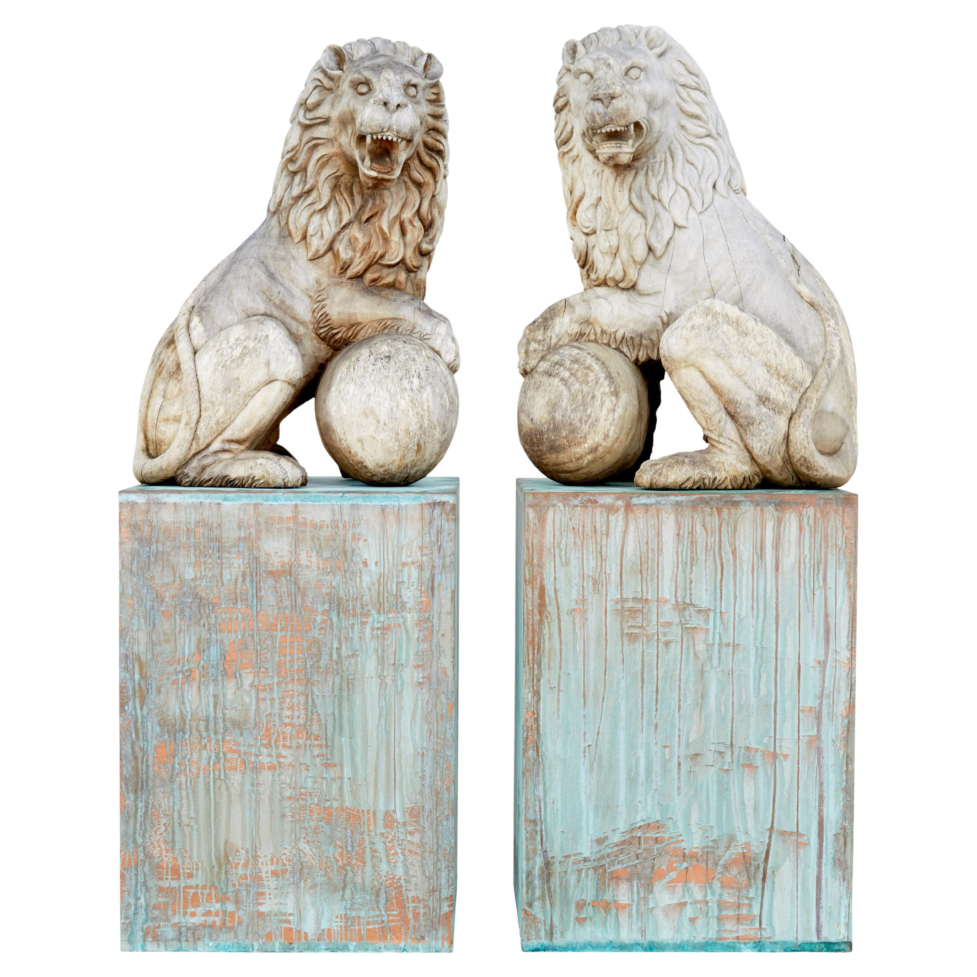 Pair of Mid-20th Century Carved Solid Wood Statue Lions