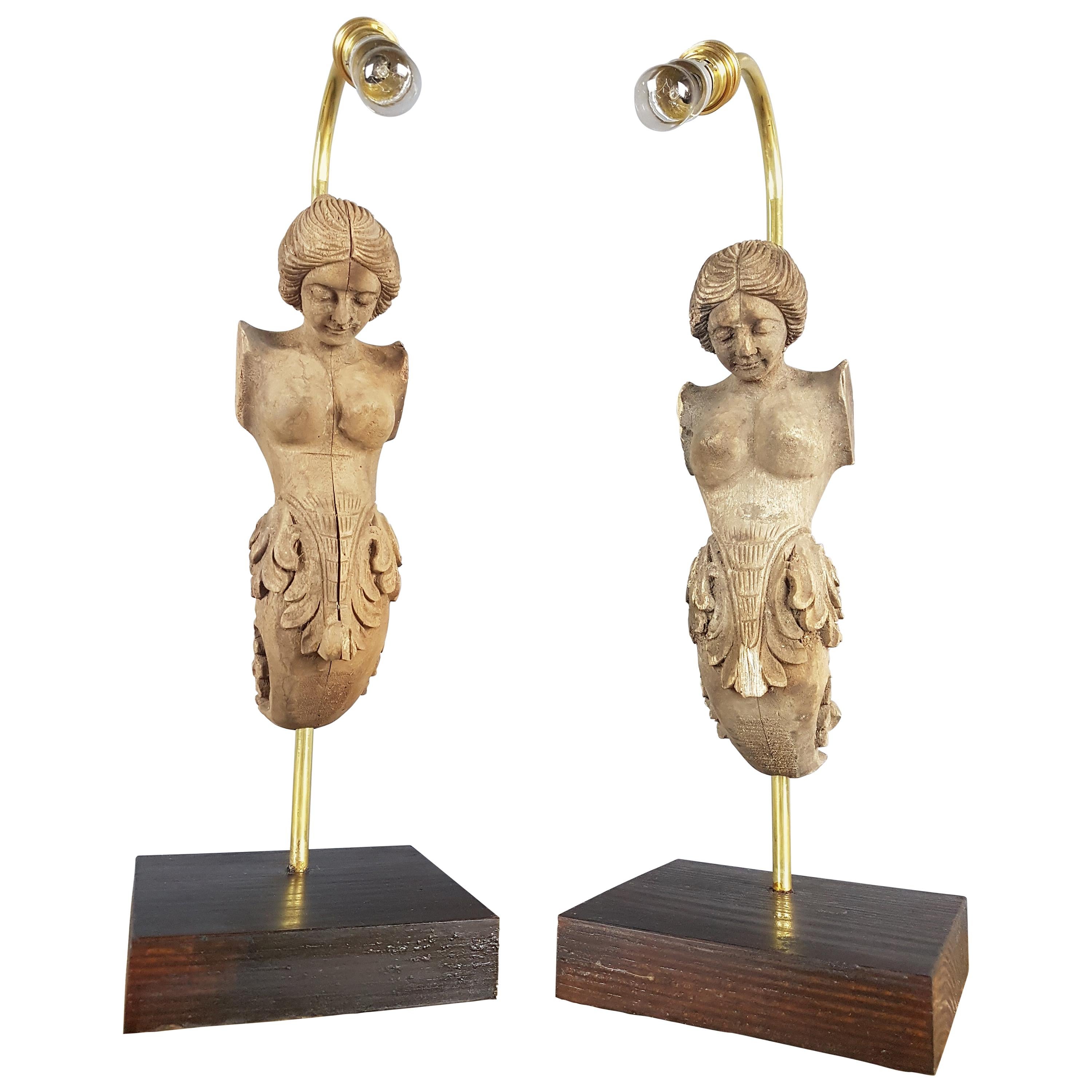 Pair of Mid-20th Century Carved Wooden Mold Form Table Lamps For Sale