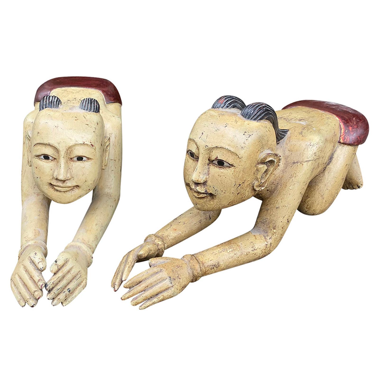 Pair of Mid-20th Century Carved Wooden Thai or Burmese Kneeling Figures For Sale