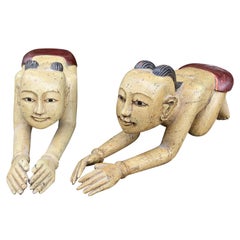 Pair of Mid-20th Century Carved Wooden Thai or Burmese Kneeling Figures