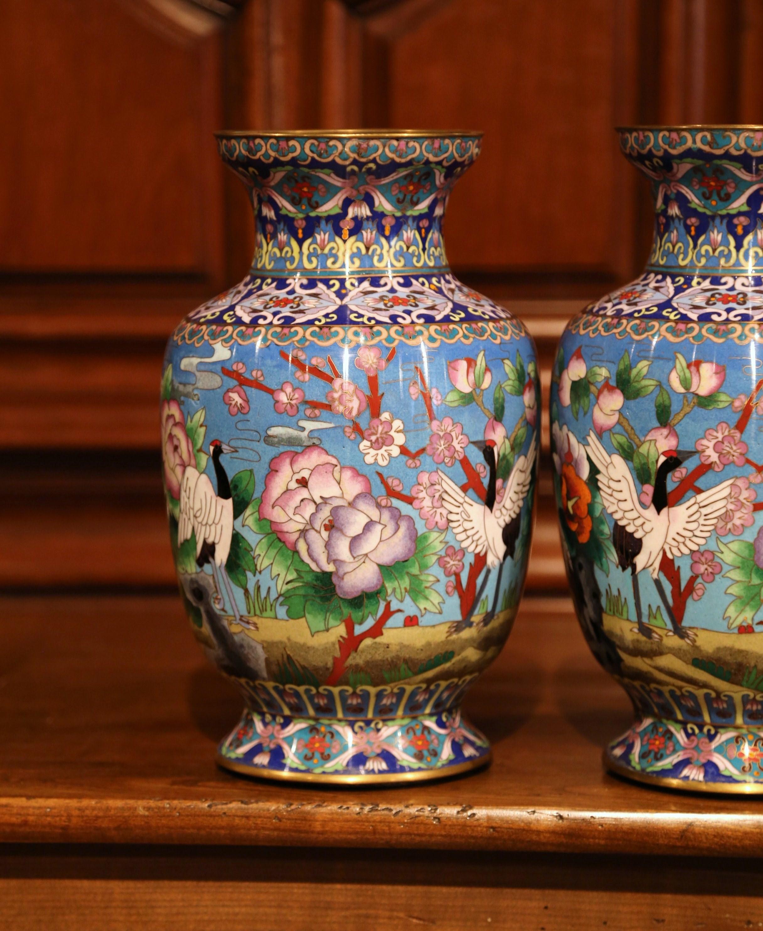 Cloissoné Pair of Mid-20th Century Chinese Cloisonné Vases with Bird and Floral Decor