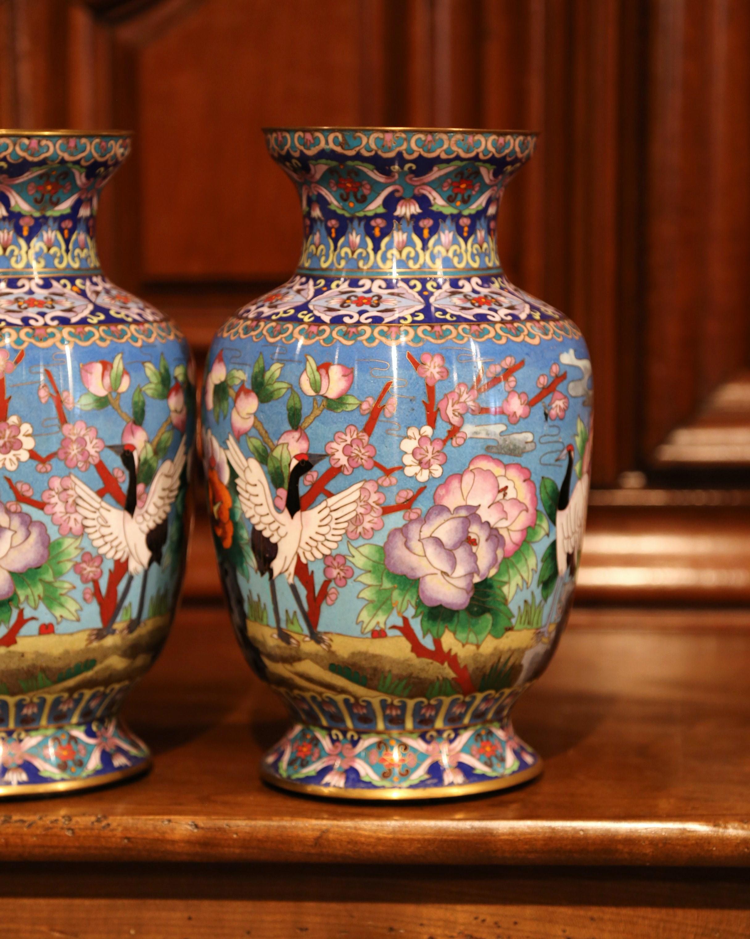 Pair of Mid-20th Century Chinese Cloisonné Vases with Bird and Floral Decor In Excellent Condition In Dallas, TX