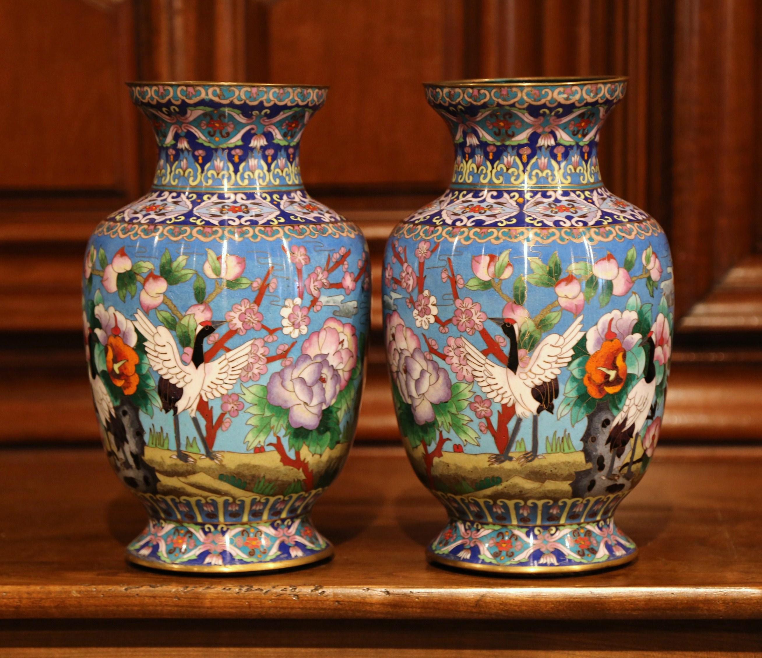 Brass Pair of Mid-20th Century Chinese Cloisonné Vases with Bird and Floral Decor