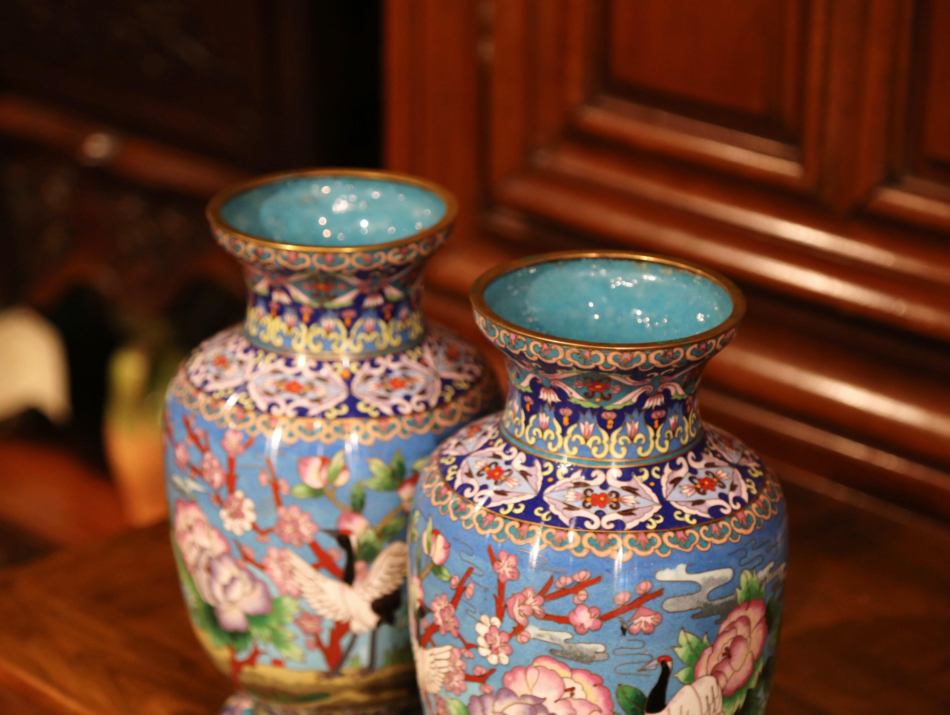 Pair of Mid-20th Century Chinese Cloisonné Vases with Bird and Floral Decor 1