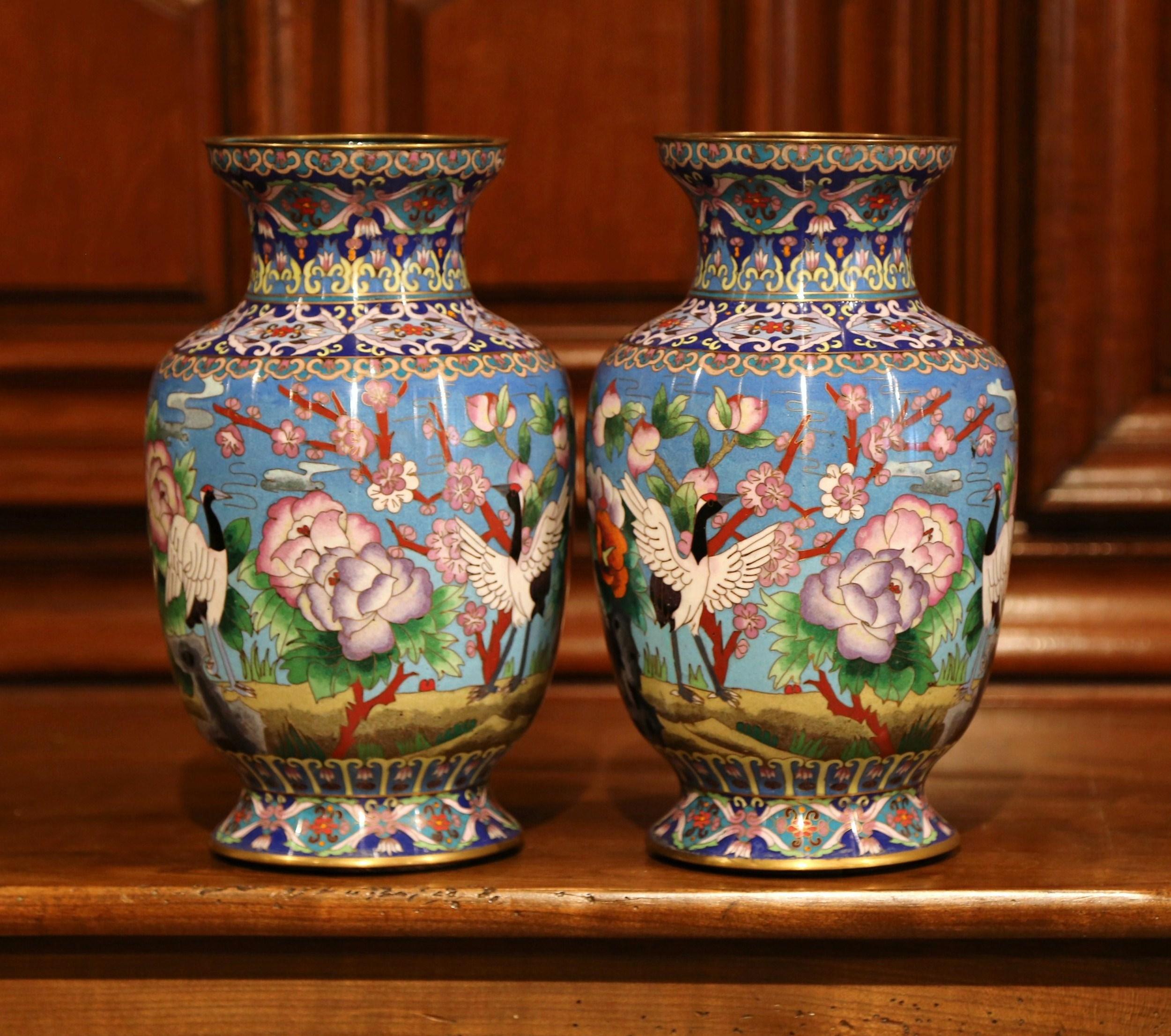 Pair of Mid-20th Century Chinese Cloisonné Vases with Bird and Floral Decor 2