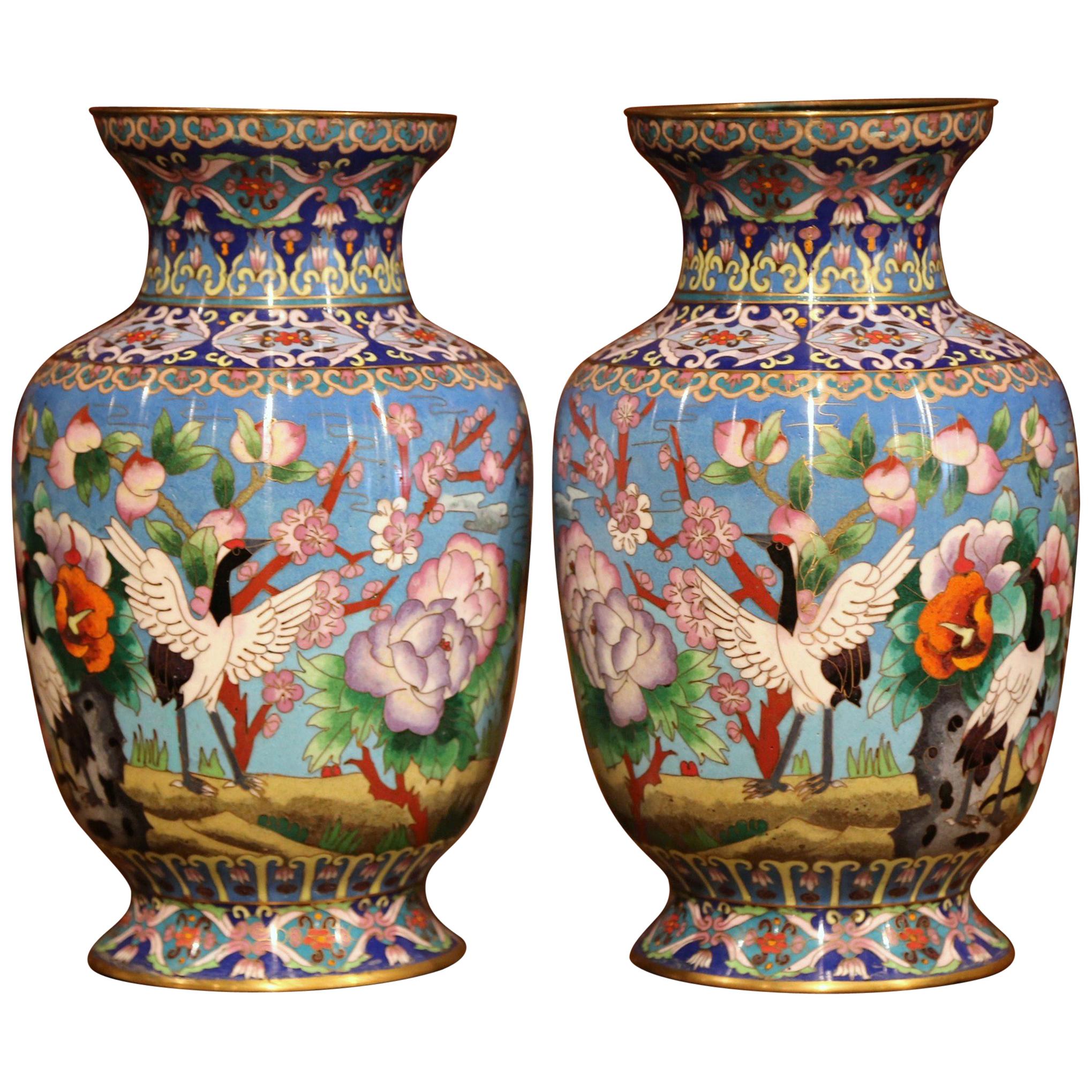 Pair of Mid-20th Century Chinese Cloisonné Vases with Bird and Floral Decor